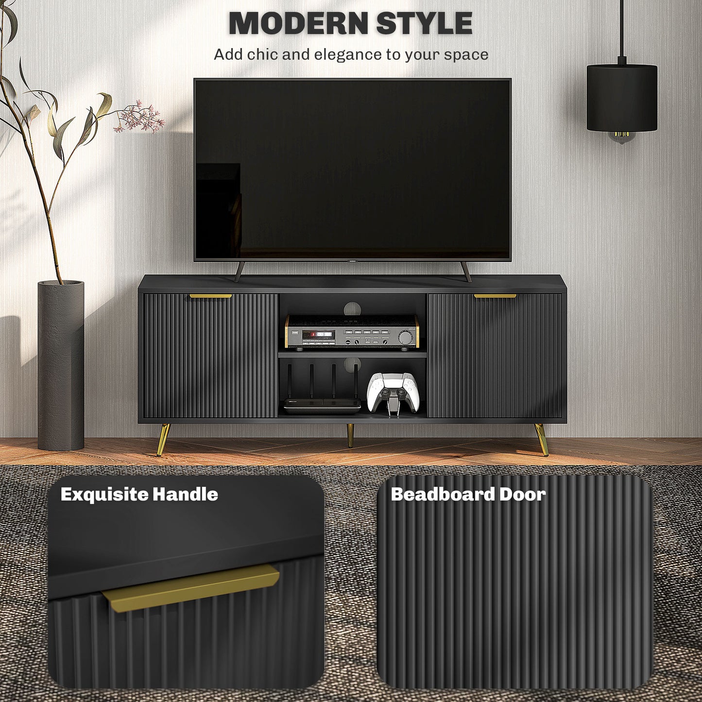 Sleek Black HOMCOM TV Stand for 55" TVs, Open Shelves & Cabinets