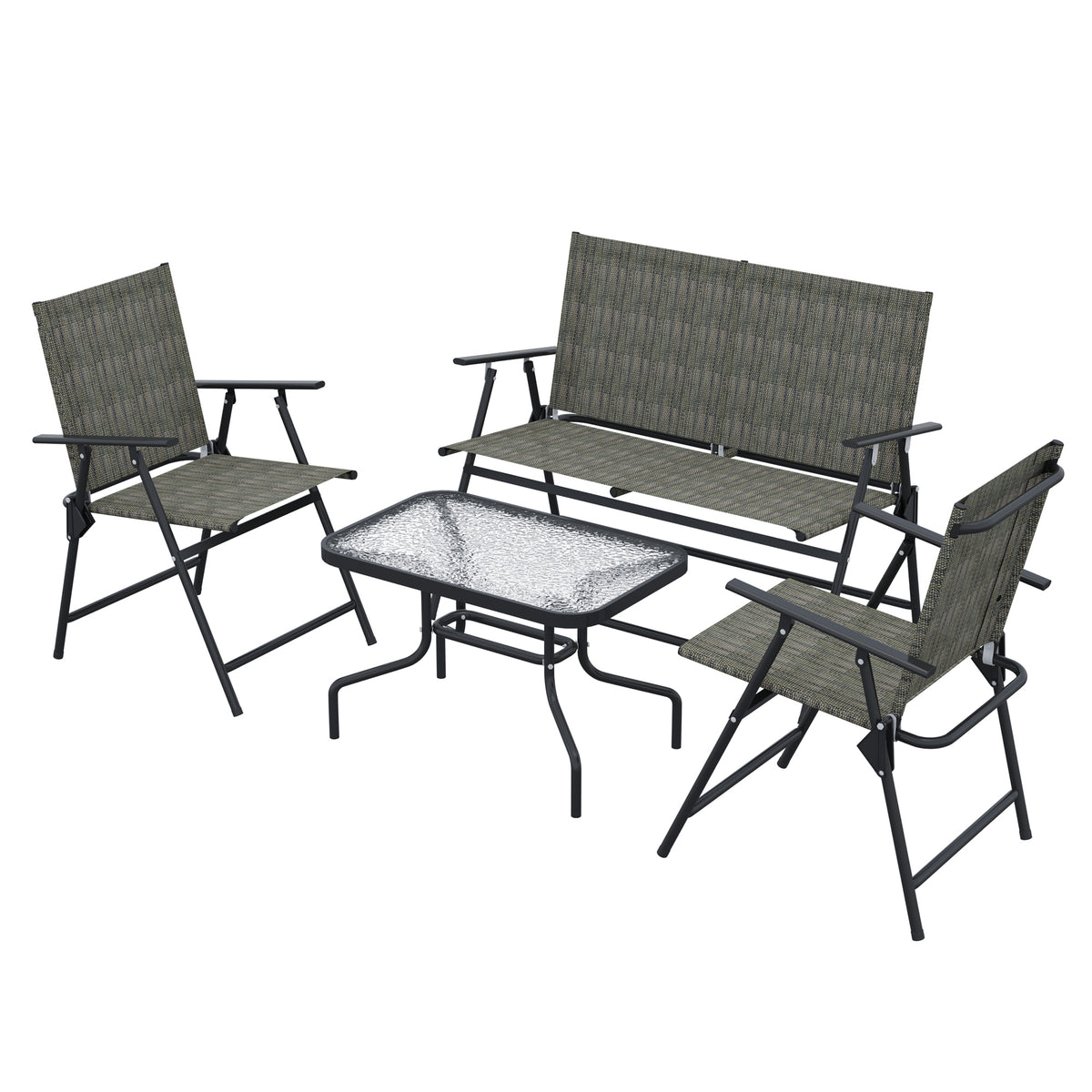 Outdoor 4 Pieces Patio Furniture Set, Garden Set with Two Foldable Armchairs, a Loveseat & Glass Top Table – Mixed Brown