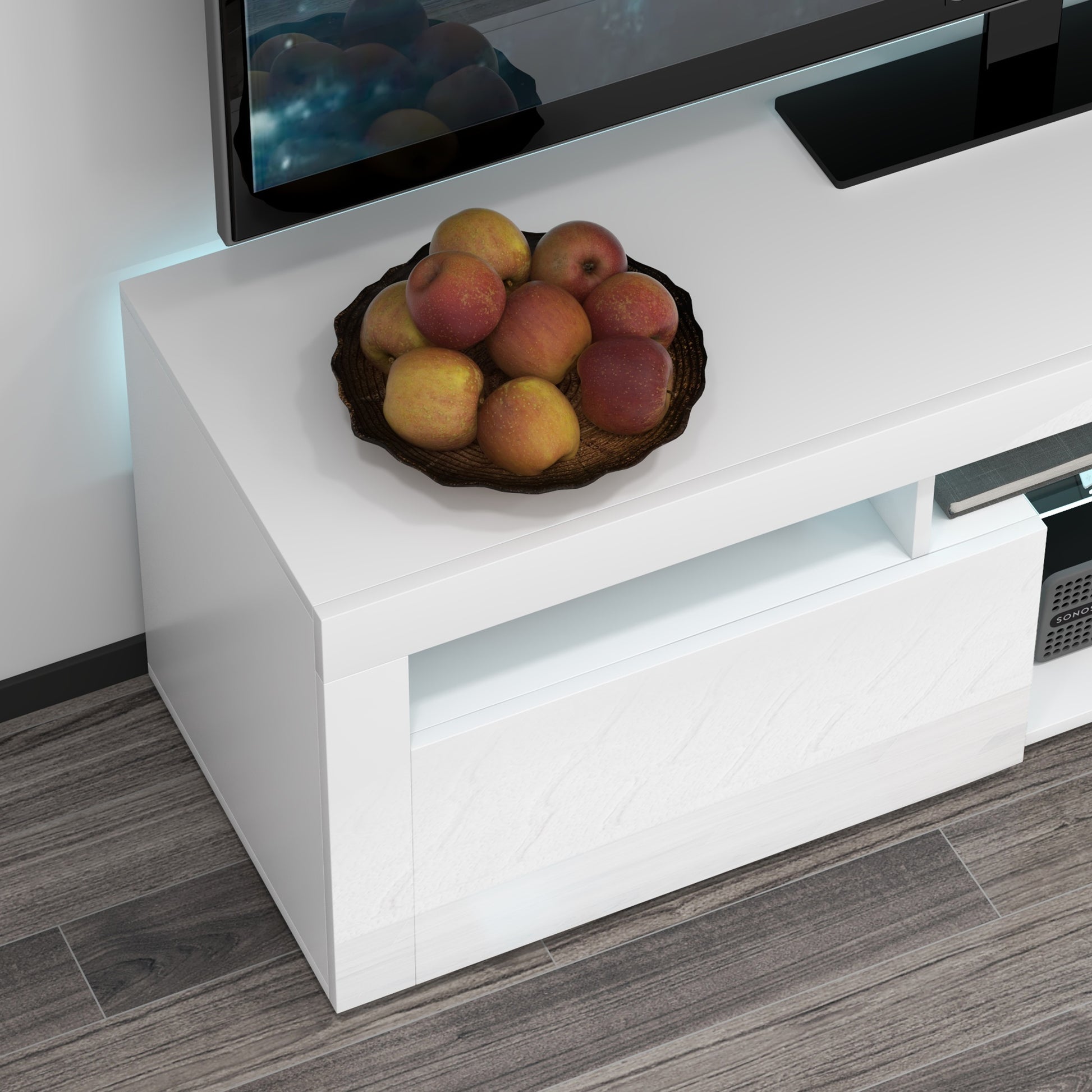 HOMCOM Modern White TV Stand with LED Lights, Storage, Open Compartments