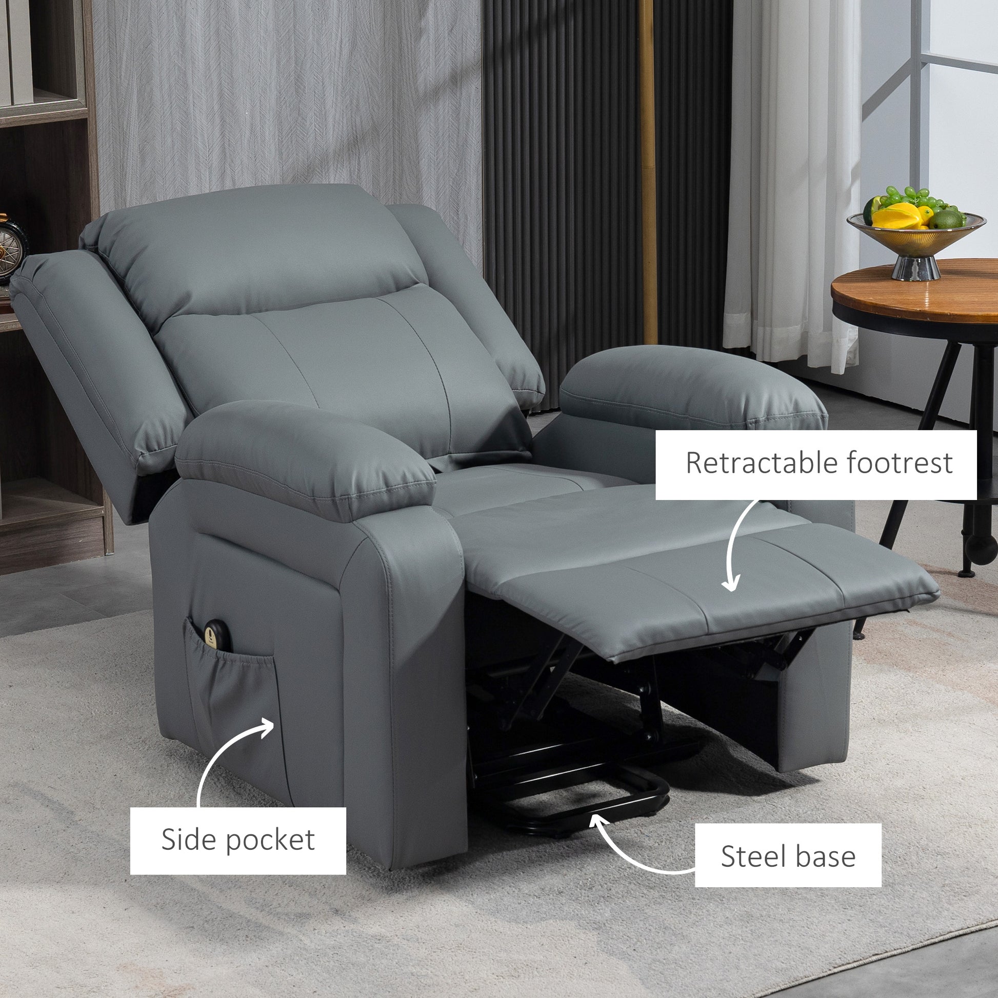 HOMCOM Electric Power Lift Recliner Chair, PU Leather, Remote, Side Pockets, Grey