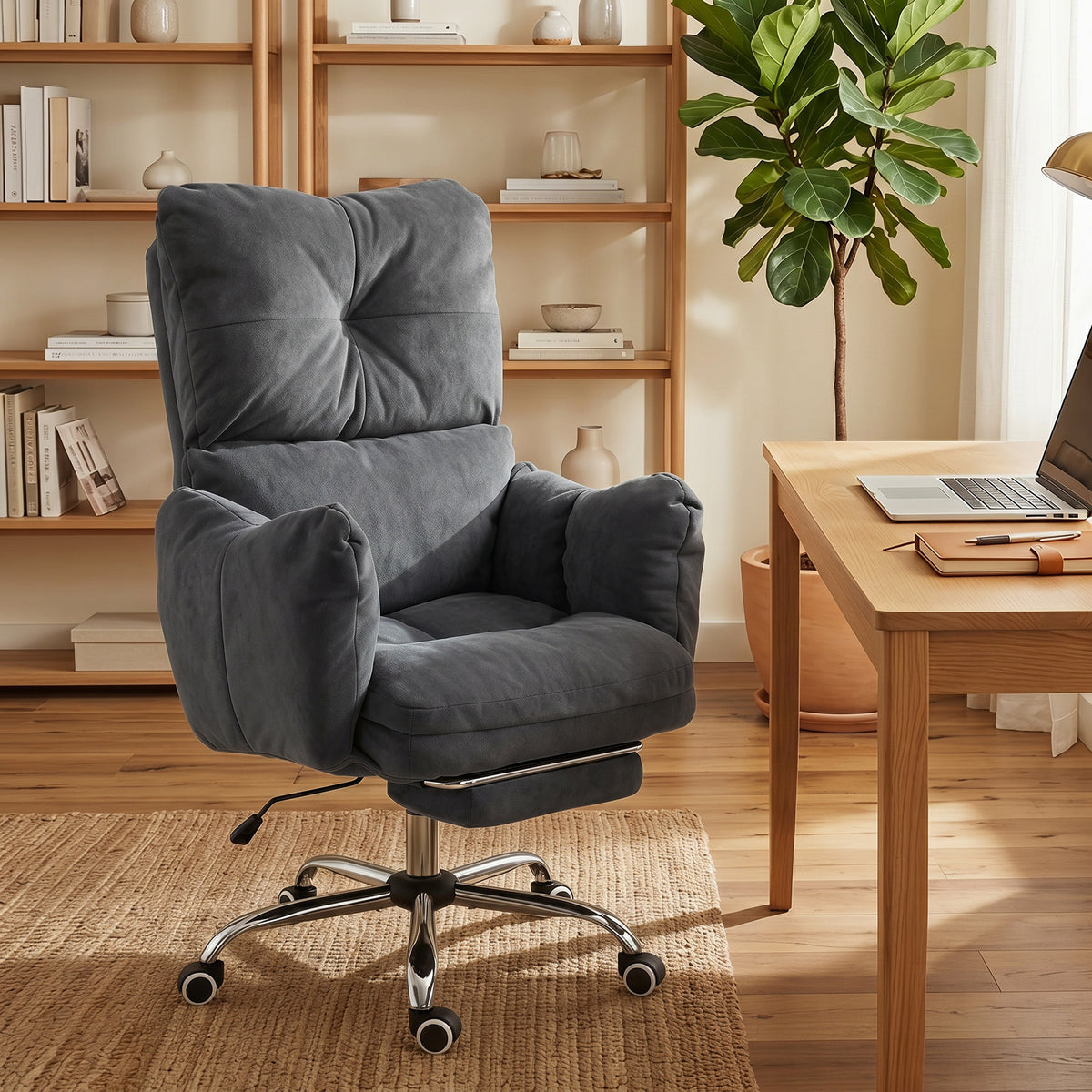 Office Chair with Footrest, Ergonomic Reclining Computer Gaming Chair with Snow Flannel Fabric, Dark Grey