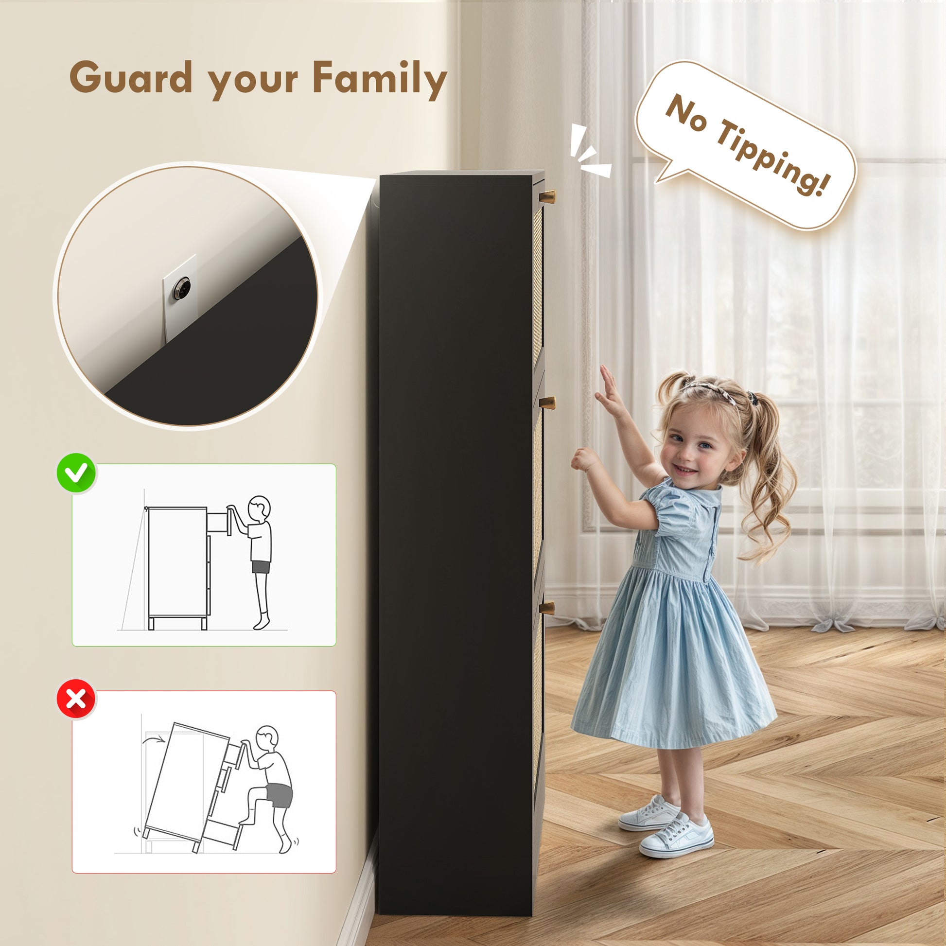 Elegant Rattan Entryway Shoe Cabinet with 3 Flip-Down Drawers, Adjustable Shelves, Organizes 18 Pairs