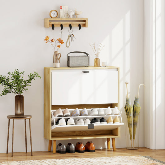 Space-Saving High Gloss White Shoe Cabinet, 2 Flip Drawers, Adjustable Shelves