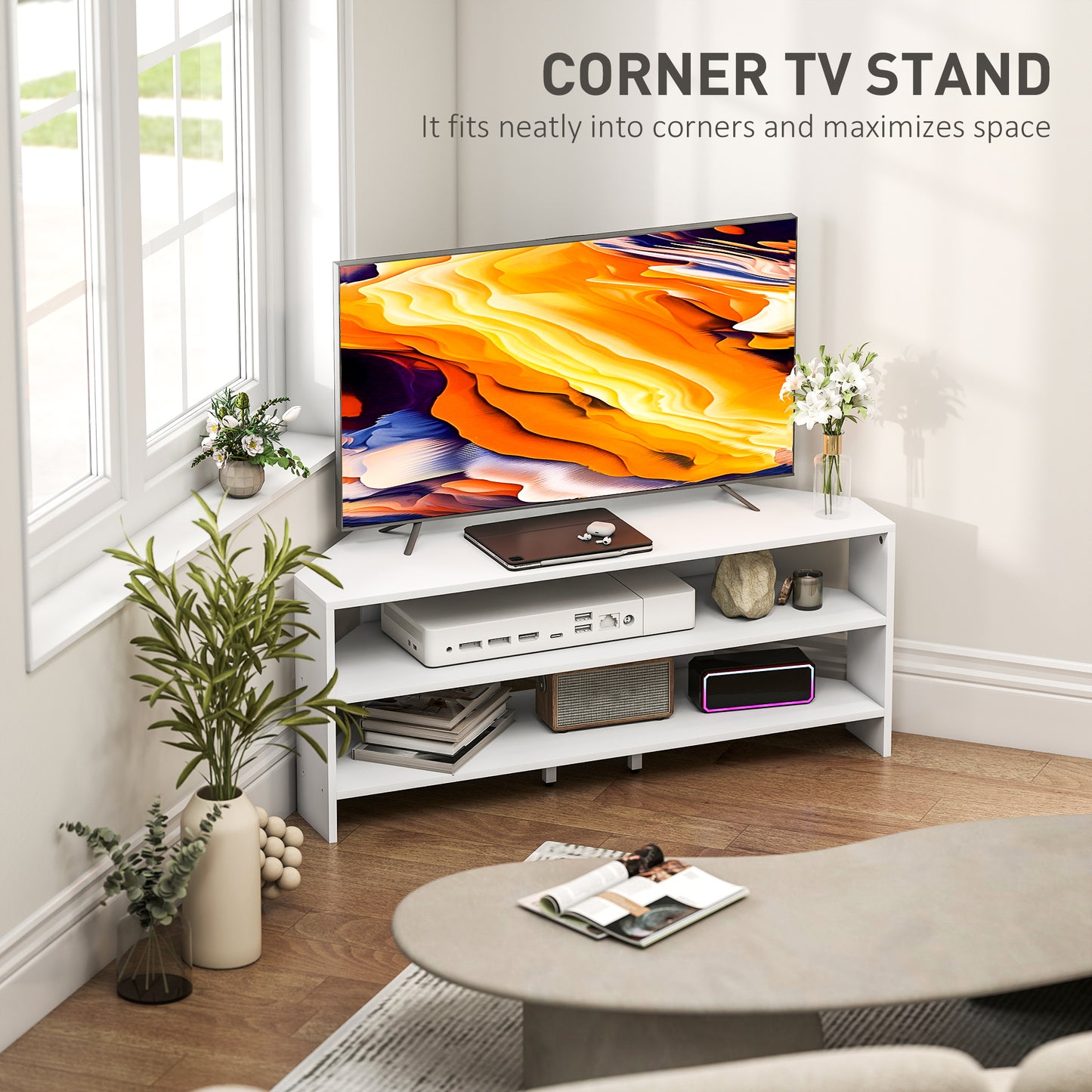 HOMCOM Modern White Corner TV Stand, Two Open Shelves, 47-inch TV