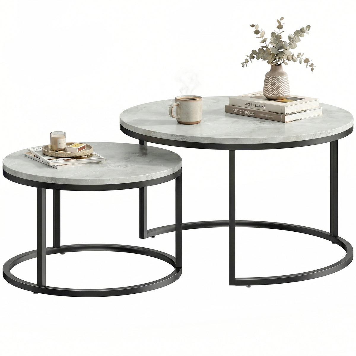 Round Nesting Coffee Table Set of 2, Marble-Effect Top, Metal Base, Grey