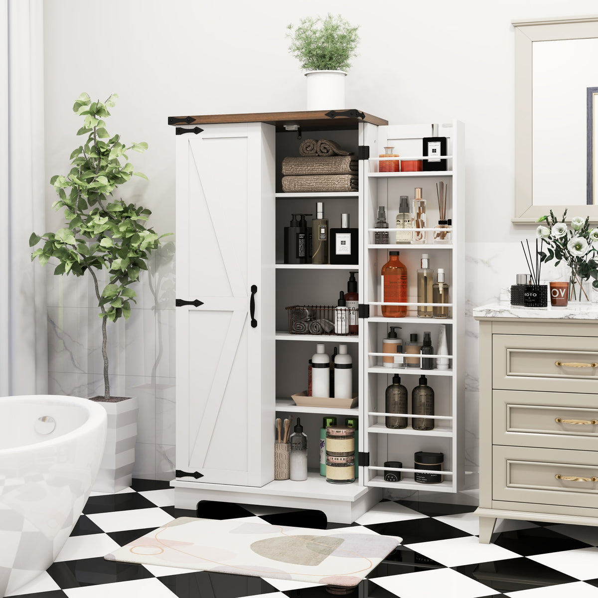 Farmhouse Kitchen Pantry Cabinet with Adjustable Shelves and Door Shelves – 24"W x 47"H
