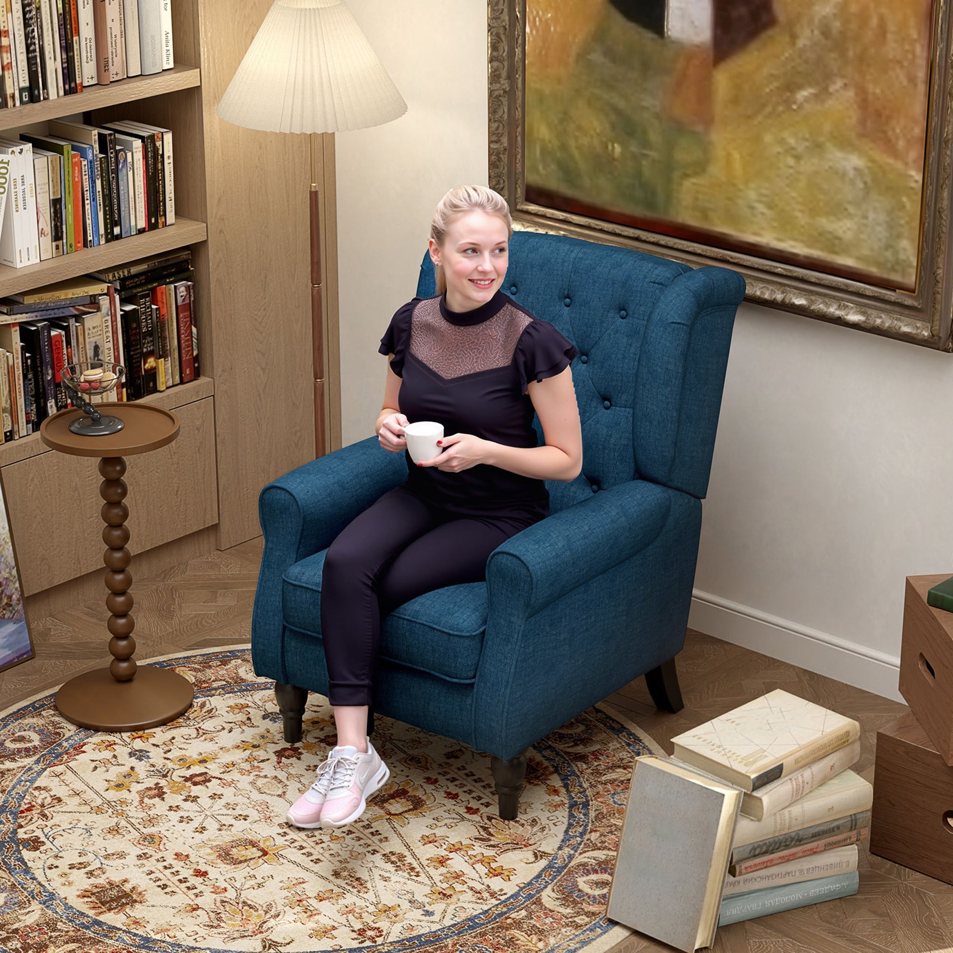 HOMCOM Blue Button Tufted Wingback Accent Chair, Rolled Arms, Padded Seat