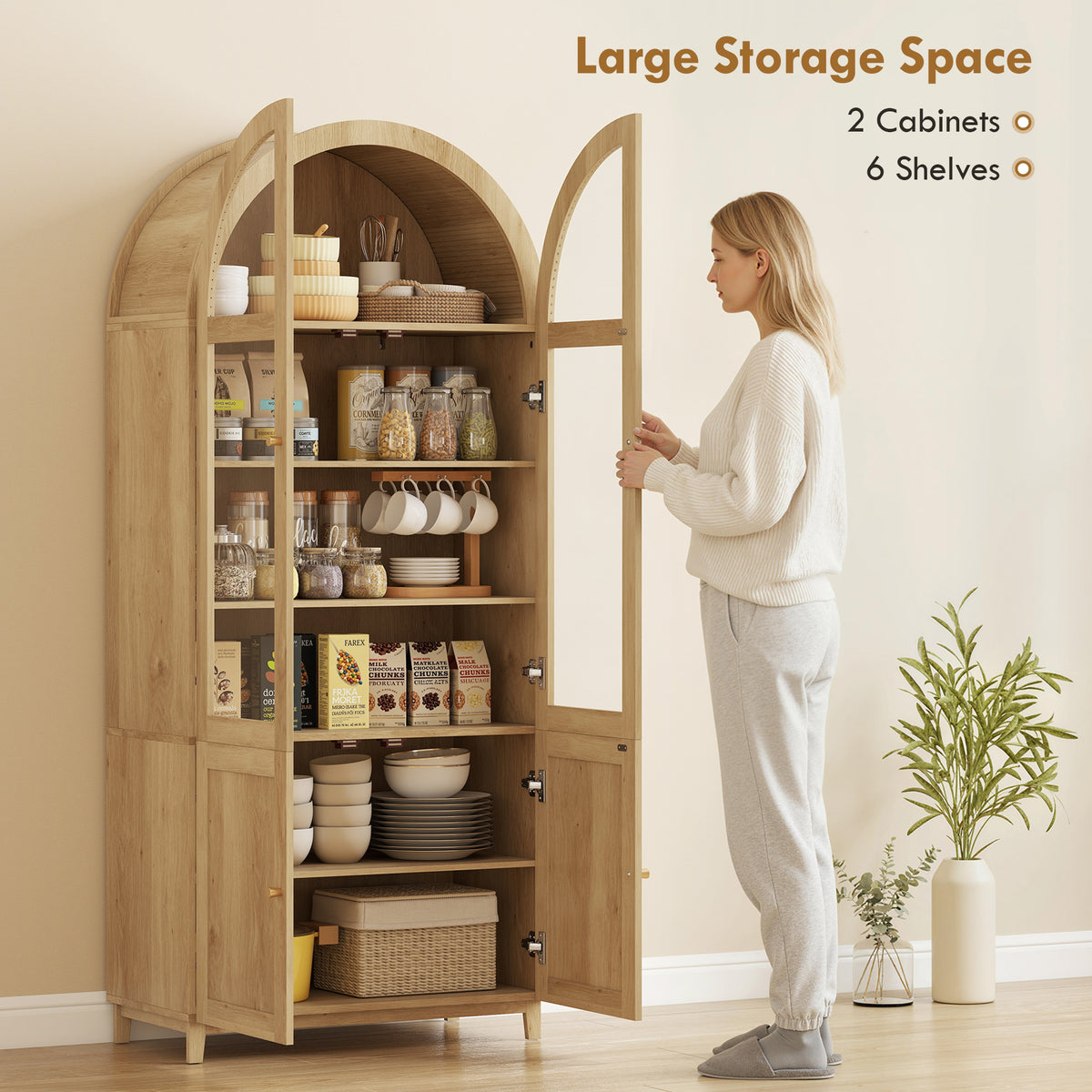 Farmhouse Kitchen Storage Cabinet with Acrylic Glass Doors – 31"W x 71"H