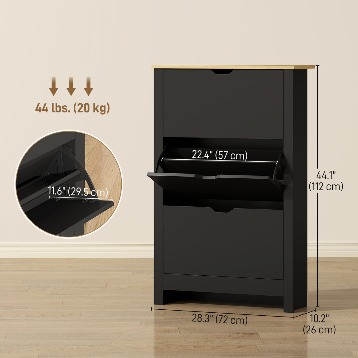 Shoe Storage Cabinet with 3 Flip Drawers – 28"W x 44"H
