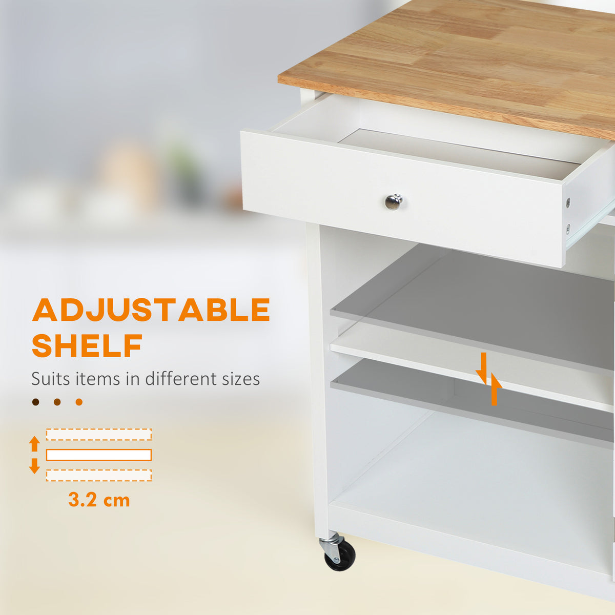 Rolling Kitchen Cart with Drawer and Glass Door Cabinet – 27"W x 34"H