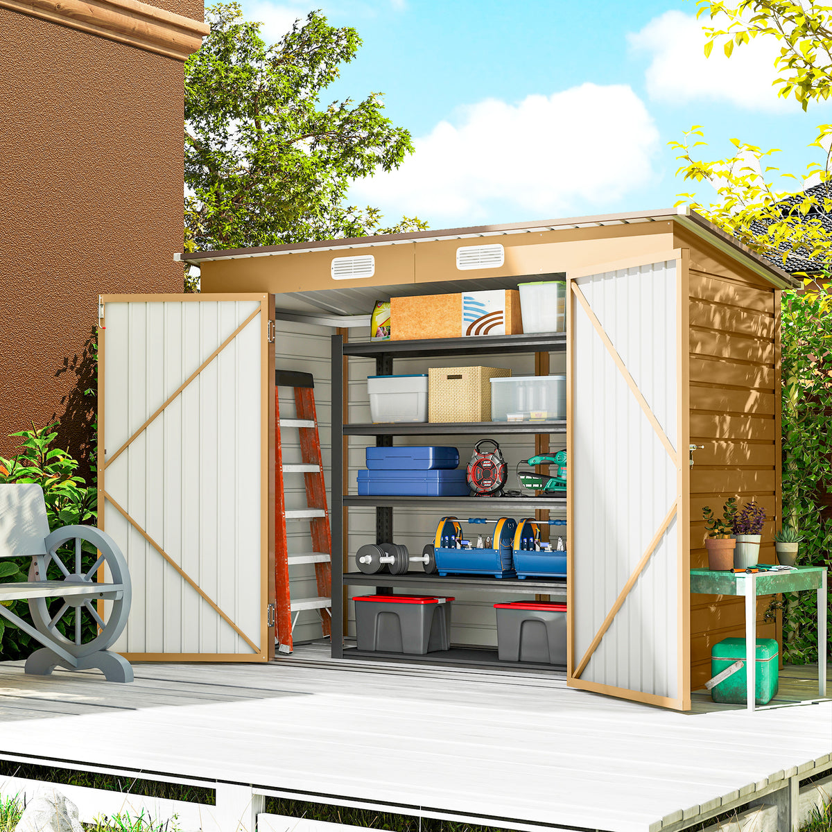 8 x 4FT Galvanized Garden Storage Shed, Metal Outdoor Shed with Double Doors and 2 Vents – Yellow