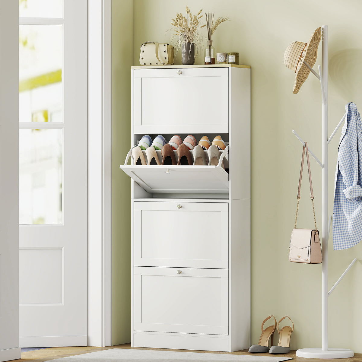 Modern Shoe Storage Cabinet with 4 Flip Drawers – 24"W x 60"H