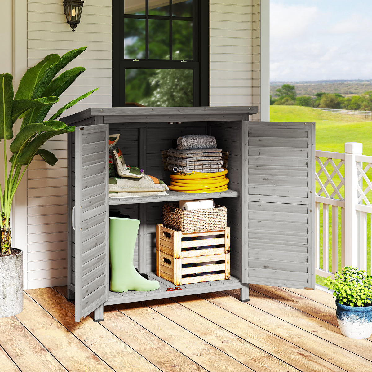 Wooden Garden Storage Shed Kit Wood Garage Tool Organisation Cabinet with 2 Door, 34" x 18" x 38" – Grey