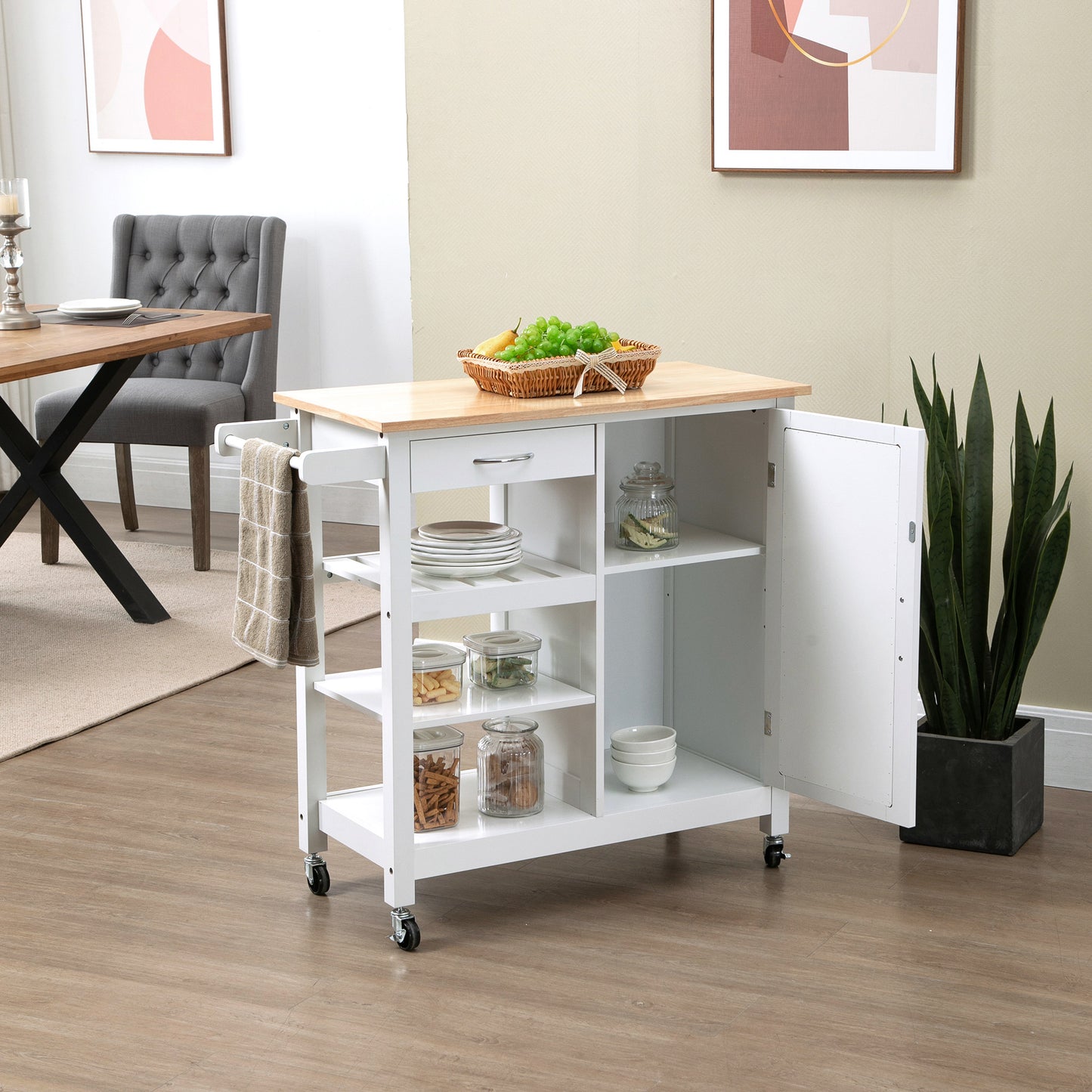HOMCOM Kitchen Cart with Embossed Door Panel and Wheels, White