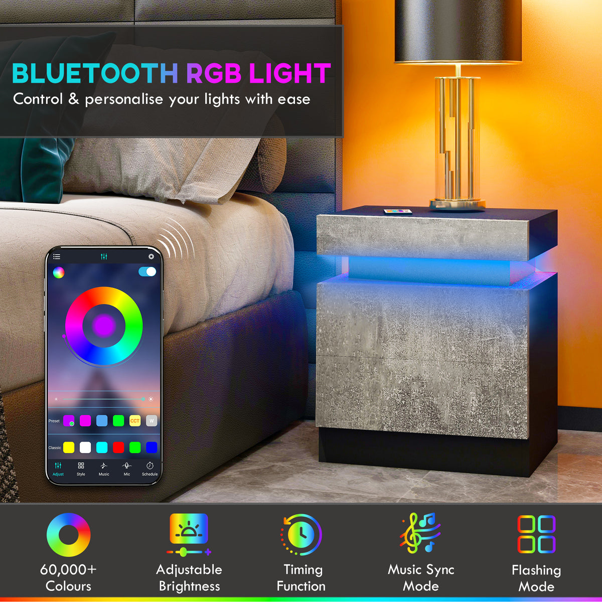 LED Nightstand with 2 Drawers – 18"W x 21"H