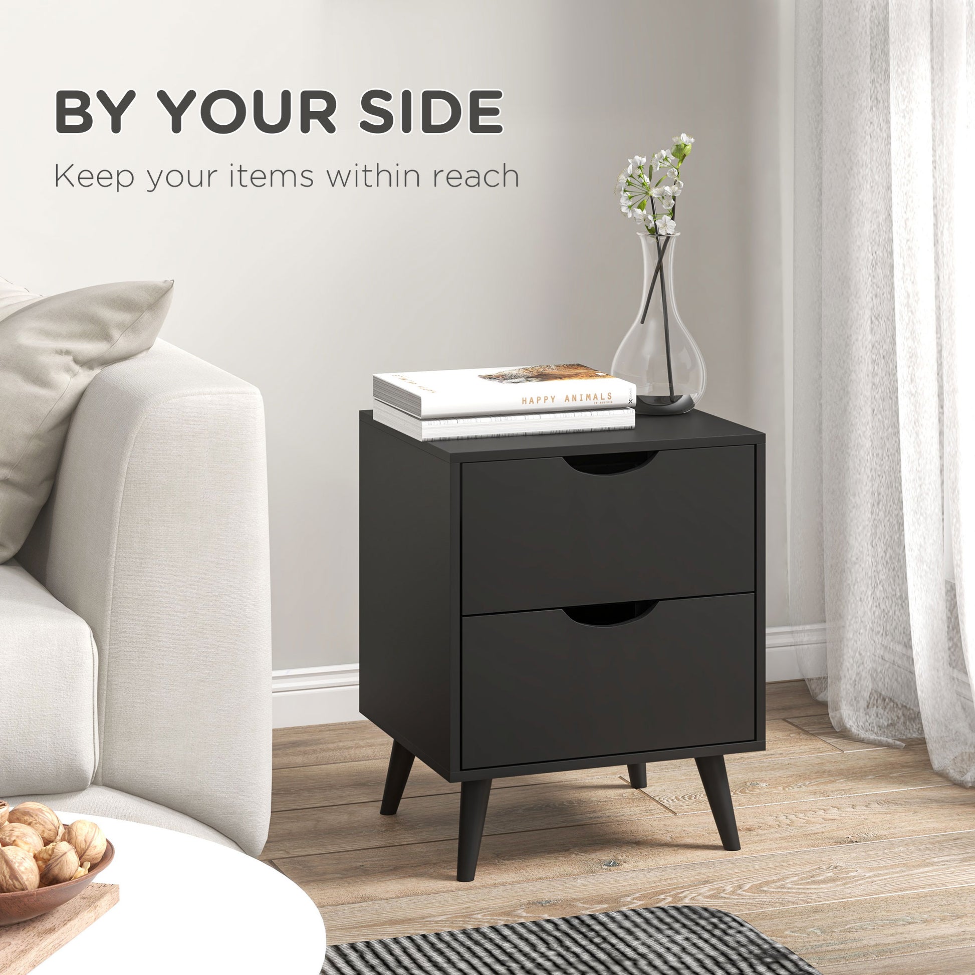 HOMCOM Modern Black Nightstand with Two Drawers, Solid Pine Wood Legs
