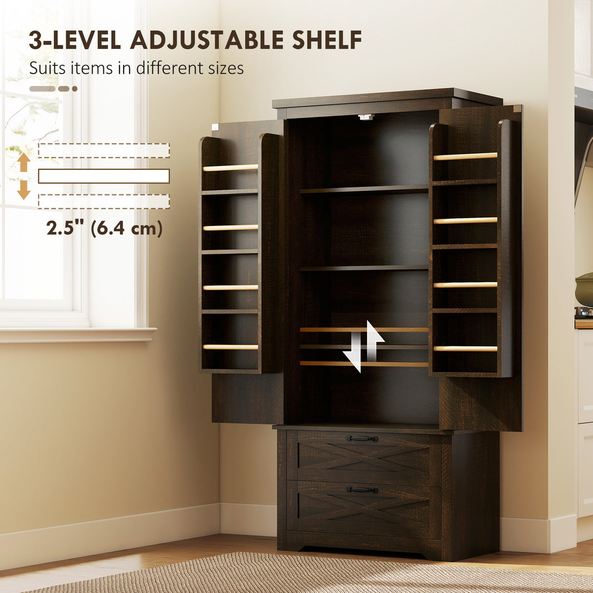 Freestanding Kitchen Pantry Cabinet with Drawers – 29"W x 64"H