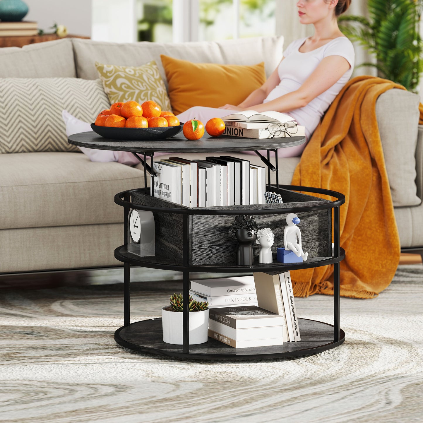HOMCOM Round Lift Top Coffee Table with Hidden Storage & Steel Frame