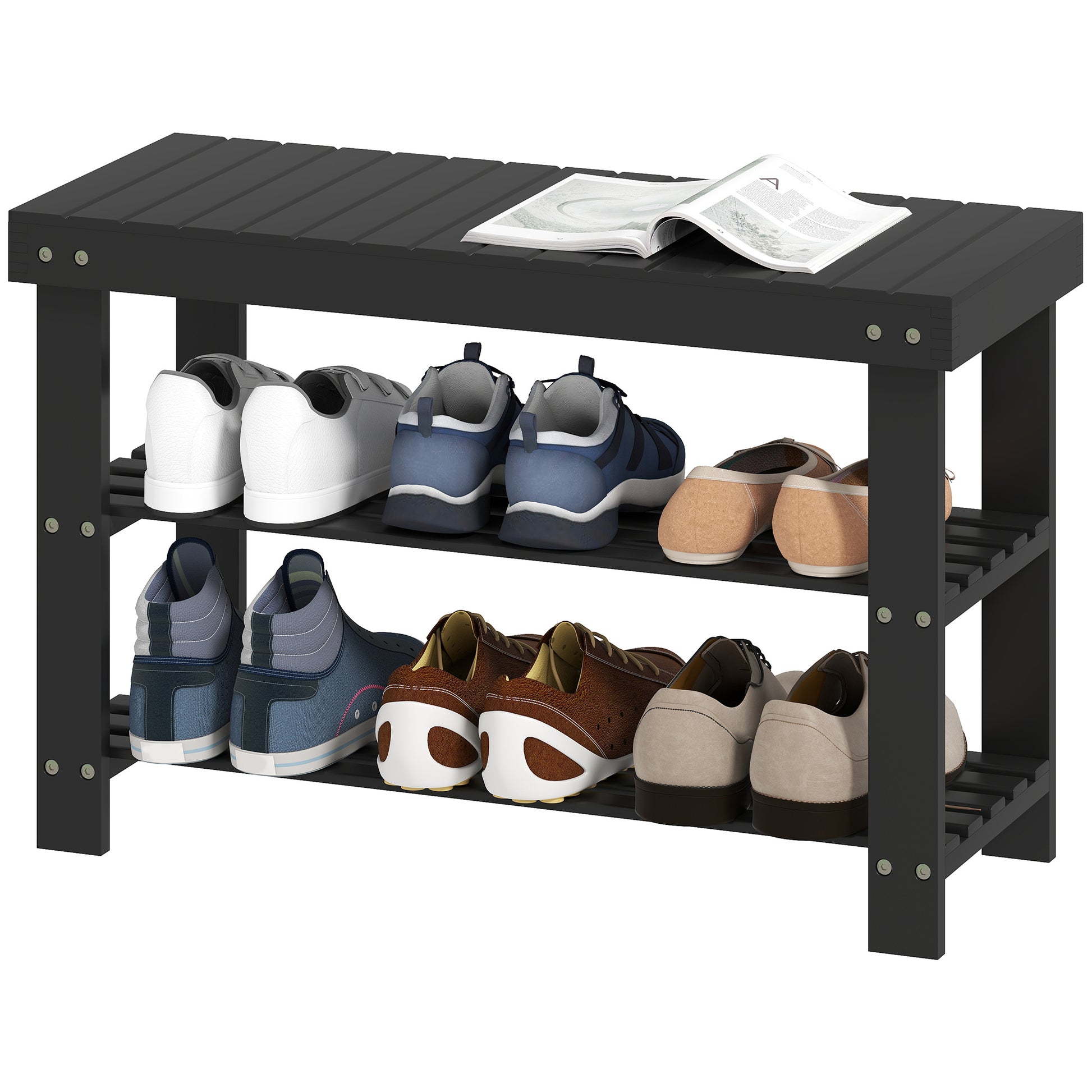 HOMCOM Black Bamboo 3-Tier Entryway Shoe Storage Bench, 6 Pair Capacity