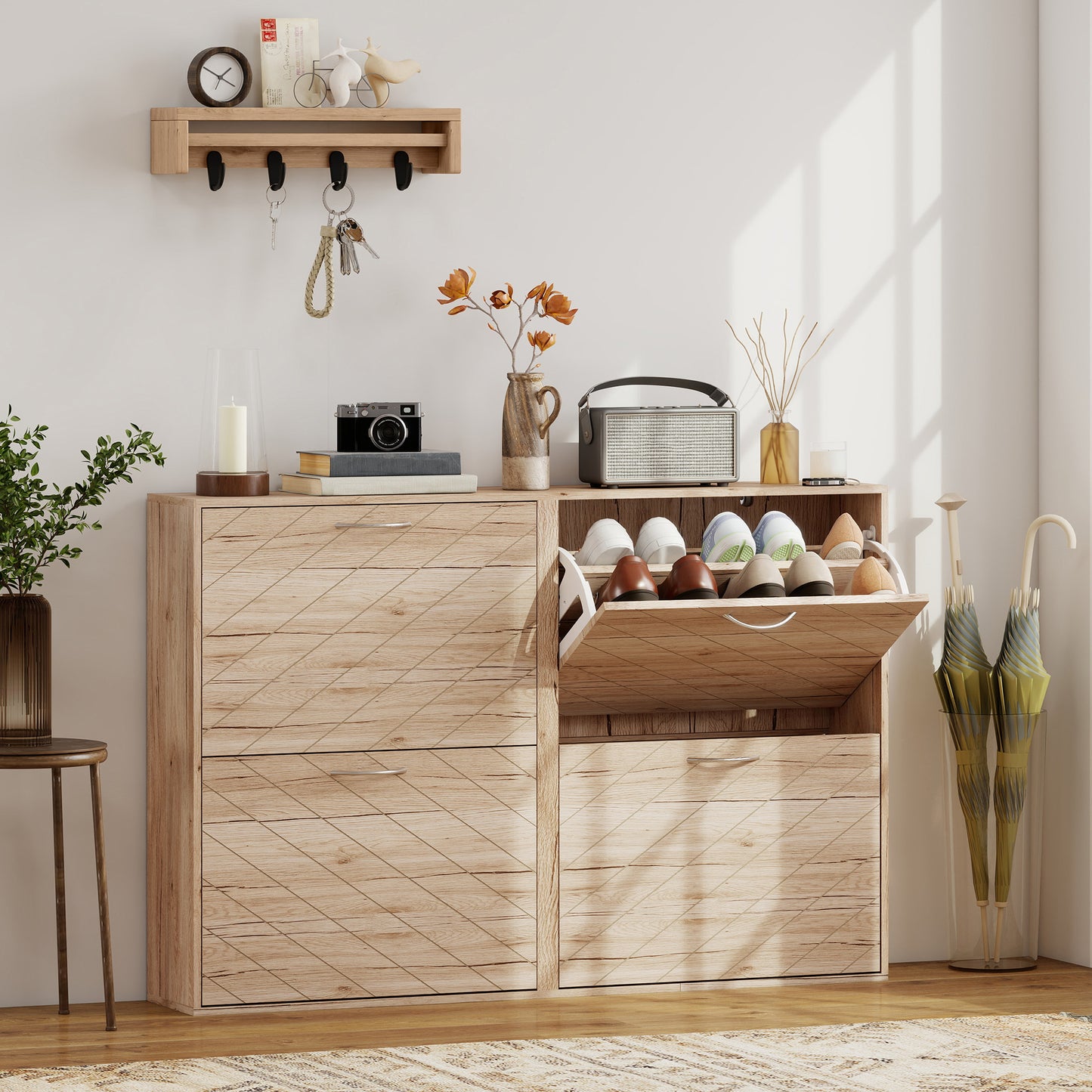 HOMCOM Slim Oak 4-Drawer Shoe Cabinet for 12 Pairs, Entryway Storage