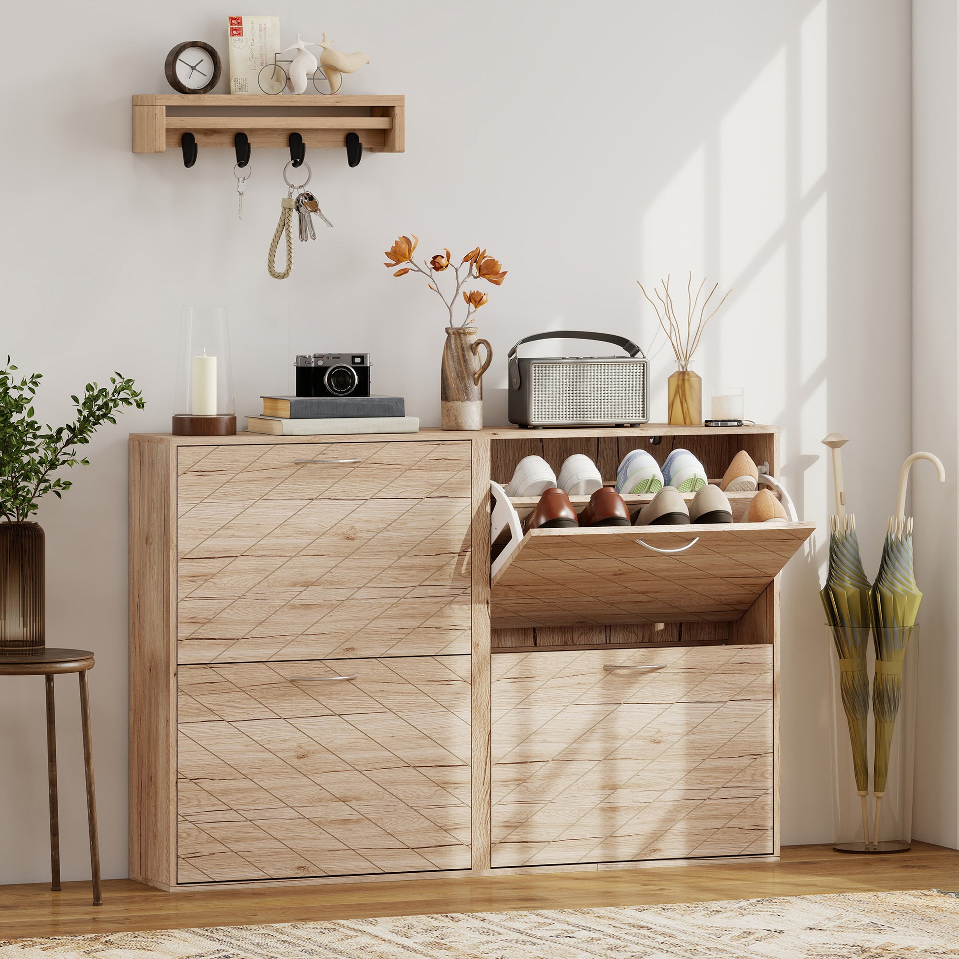 HOMCOM Slim Oak 4-Drawer Shoe Cabinet for 12 Pairs, Entryway Storage