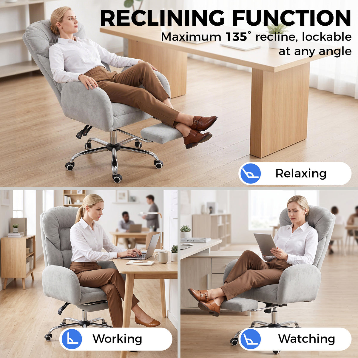 Cross Legged Office Chair with Footrest, 90°-180° Flip Armrests, Task Desk Chair, Light Grey
