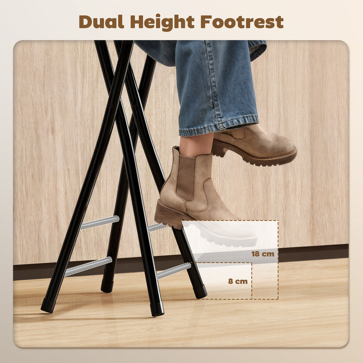 Foldable Counter Height Bar Stools with Double Footrest, Set of 4, Black