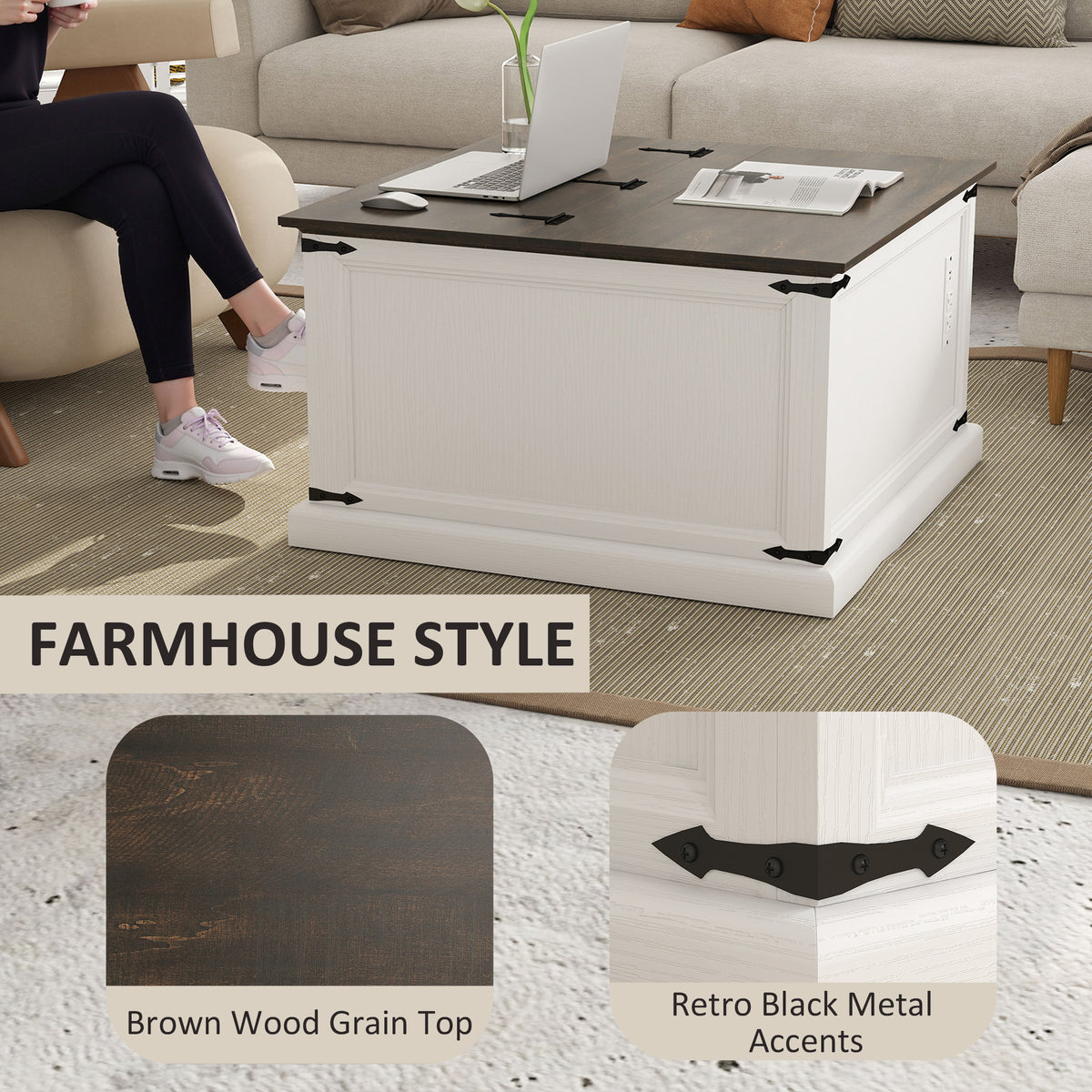 Square Lift-Top Coffee Table with Charging Station and Hidden Storage