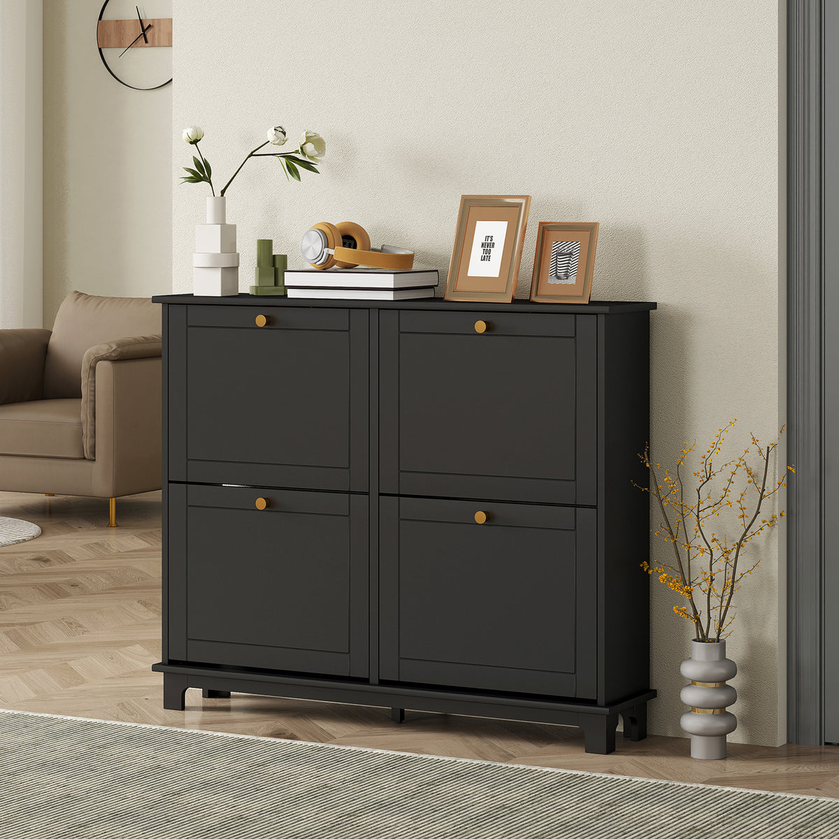 Modern Narrow Shoe Cabinet with 4 Flip Drawers – 47"W x 34"H