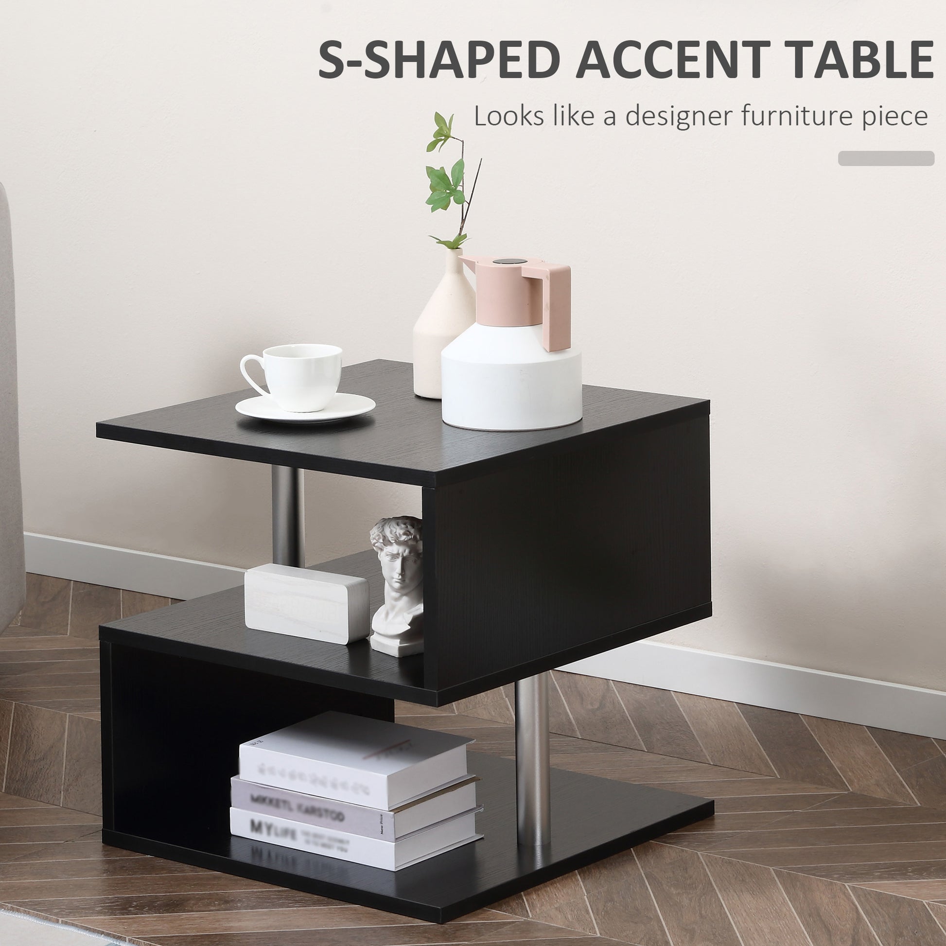HOMCOM Modern S-Shape 3-Tier Wooden End Table with Storage Shelves, Black