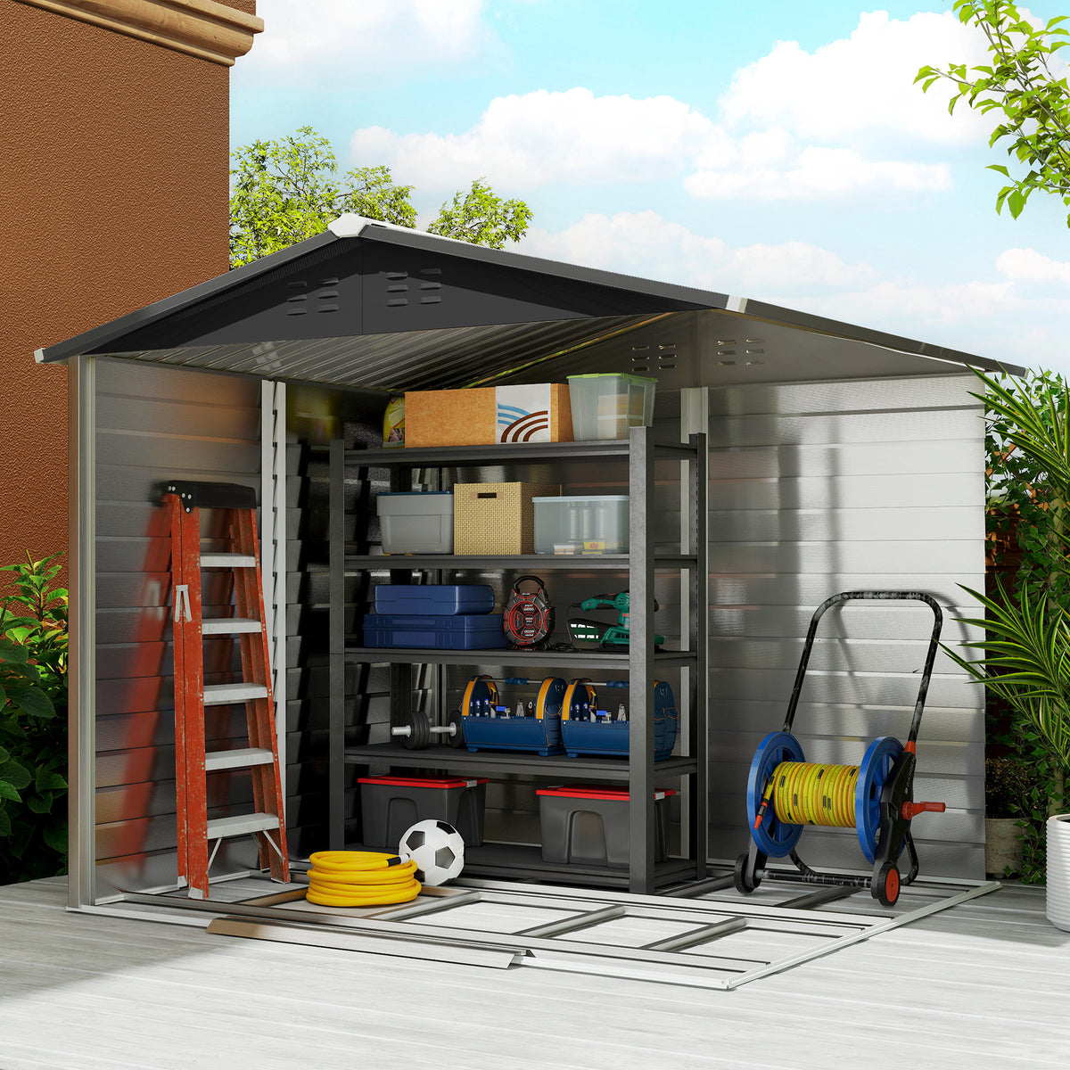 8' x 7' Outdoor Storage Shed, Galvanized Steel Metal Garden Shed with Lockable Doors, Floor Frame, Vents, Lock and Gloves for Backyard, Lawn, Patio