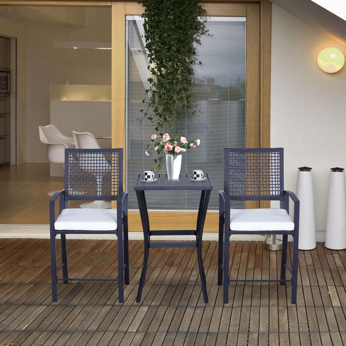 3 Pieces Outdoor Wicker Bar Set, Classic Bistro Bar Set Garden Rattan Style Patio Bar Table & High Chairs w/ Cushions Home Bar Furniture