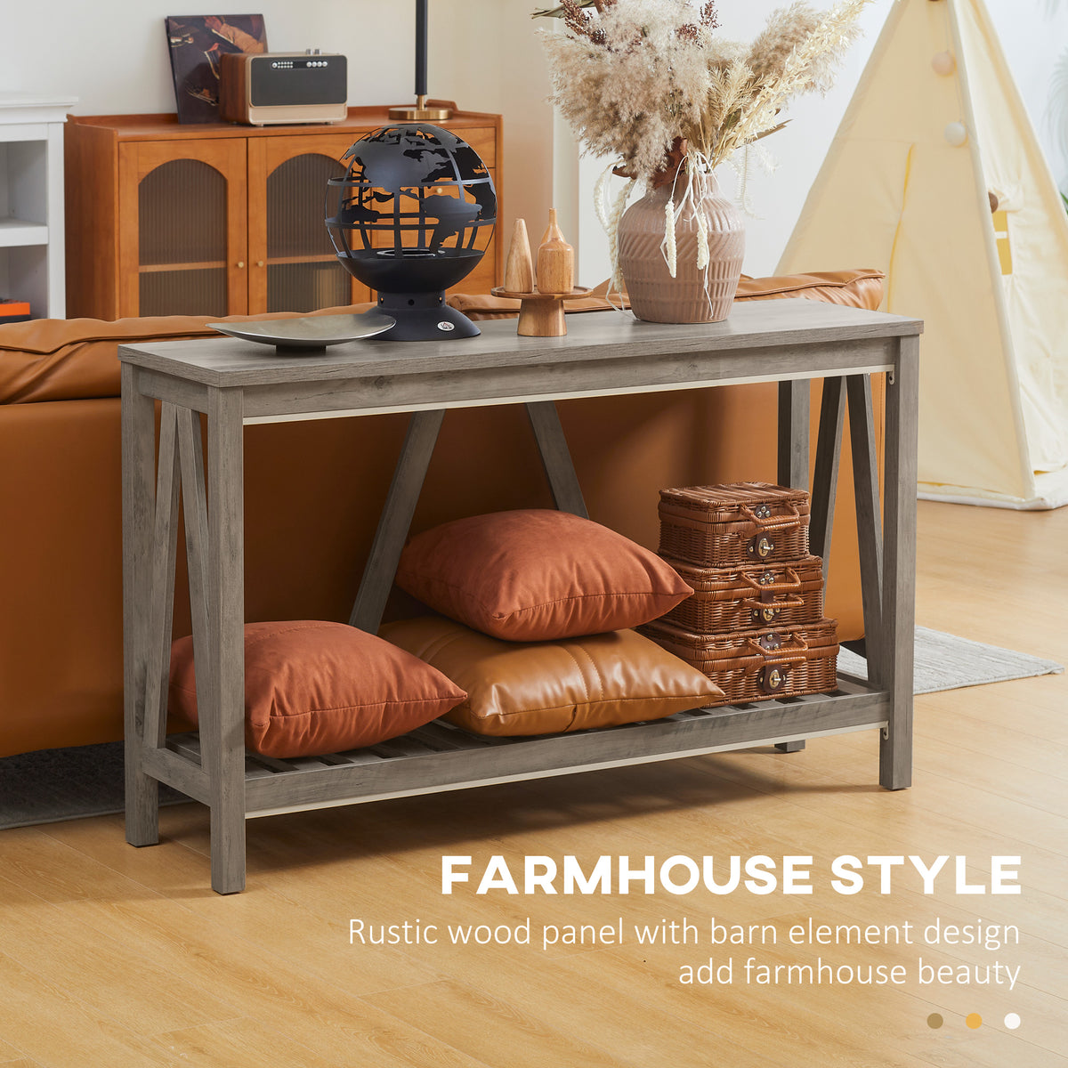 Farmhouse Console Table with Storage Shelf, Distressed Grey