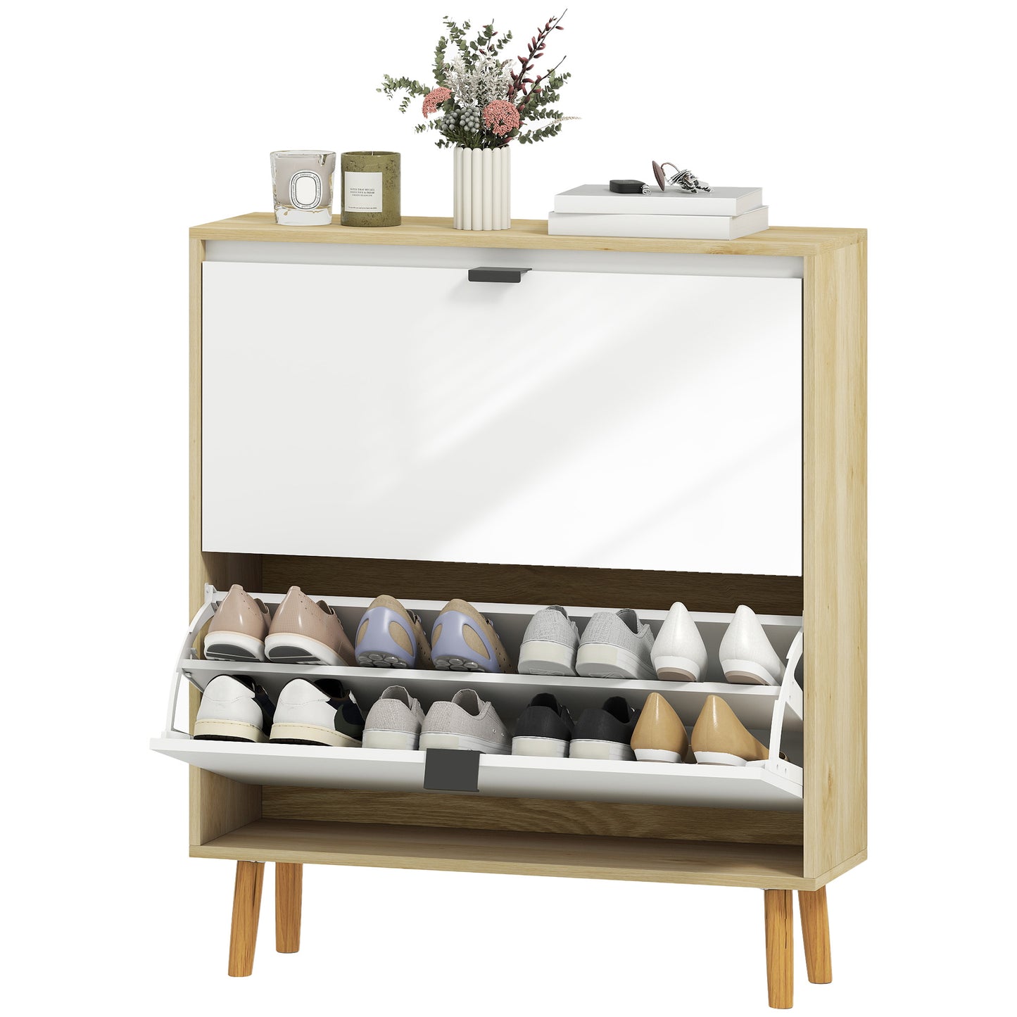 Space-Saving High Gloss White Shoe Cabinet, 2 Flip Drawers, Adjustable Shelves