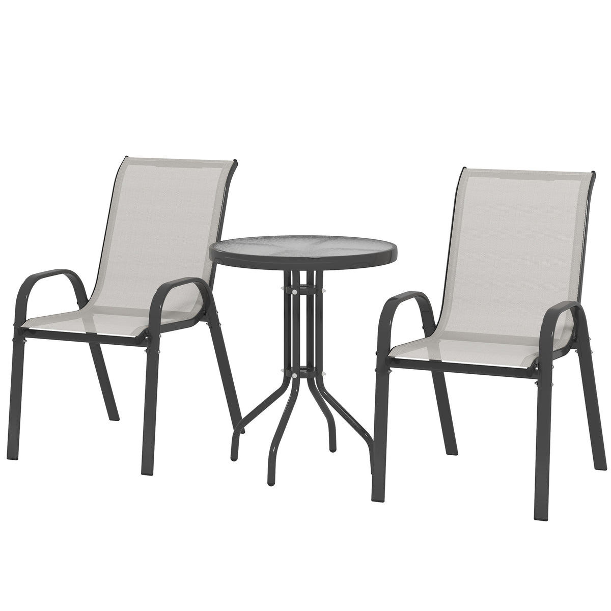3 Pieces Bistro Set, Small Patio Furniture Set with Stackable Mesh Chairs, Glass Table for Garden, Balcony – Light Grey