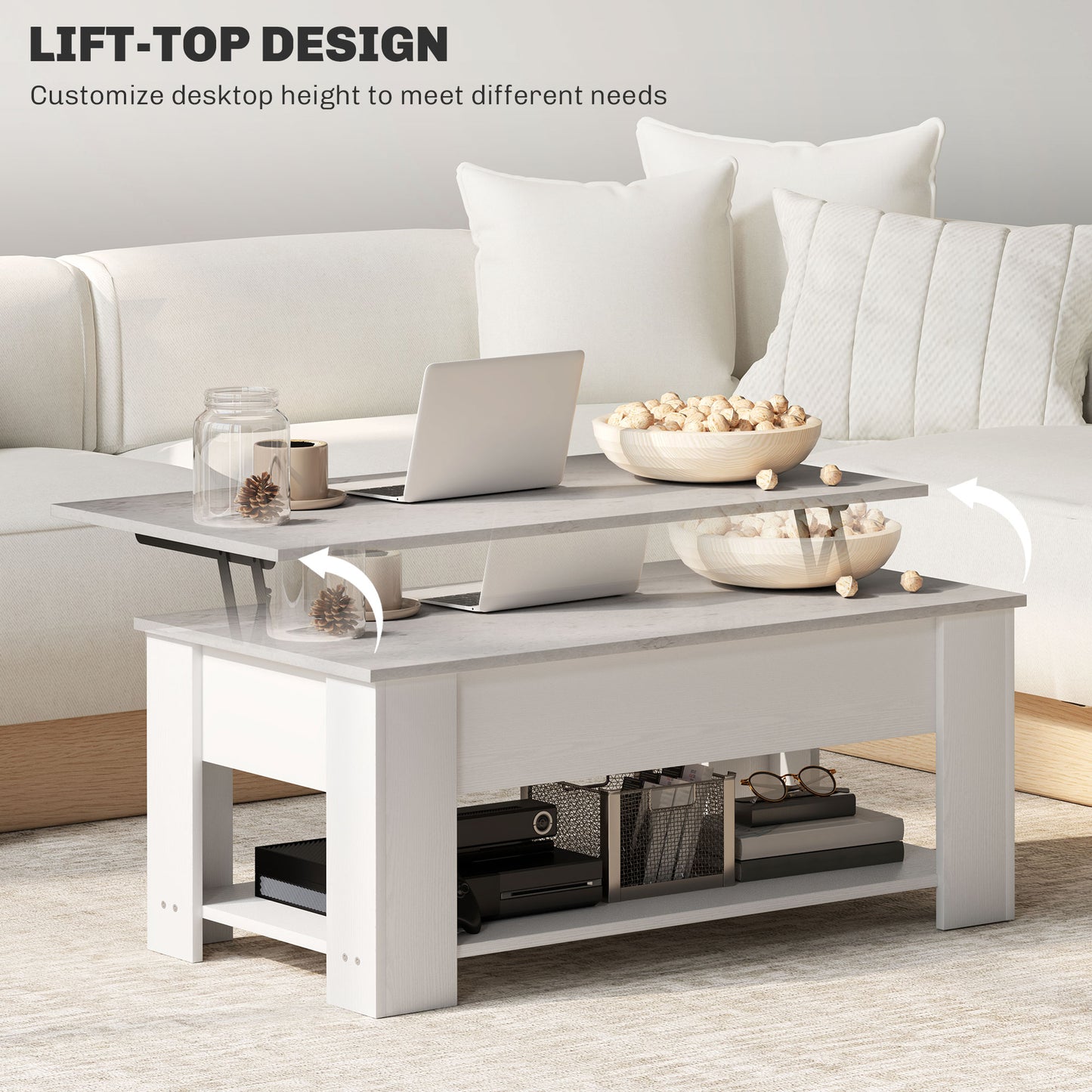 Modern White Lift Top Coffee Table with Hidden Storage and Open Shelf