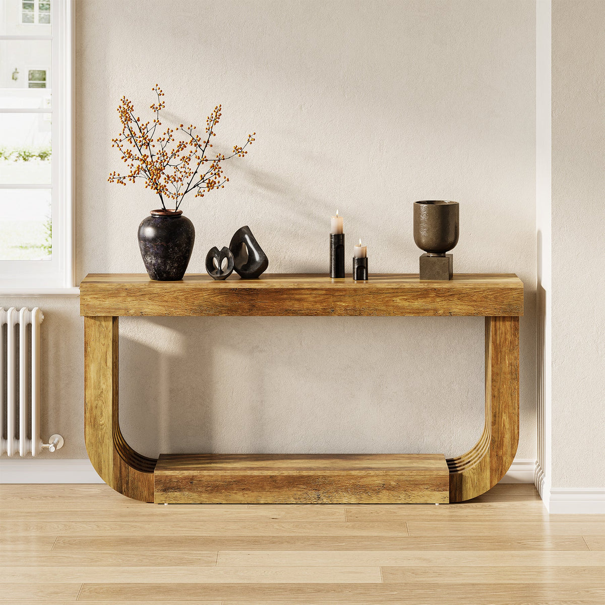 70.9" Console Table, 2-Tier Sofa Table with U-Shaped Pedestal