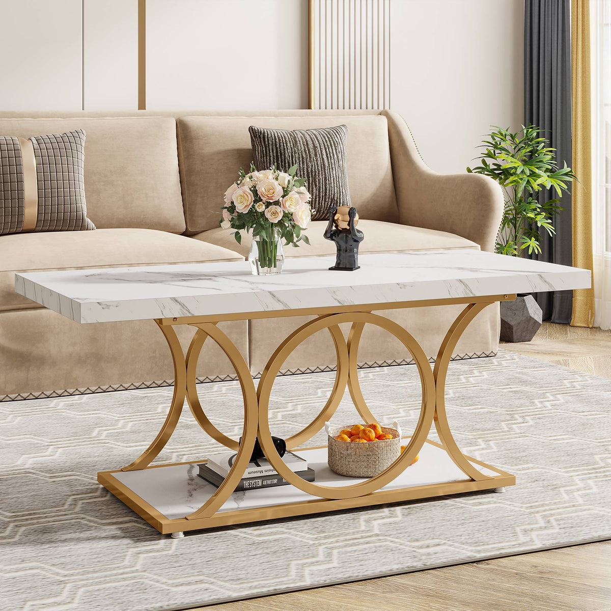 Rectangle Coffee Table, 46.45" Center Table with Faux Marble Top