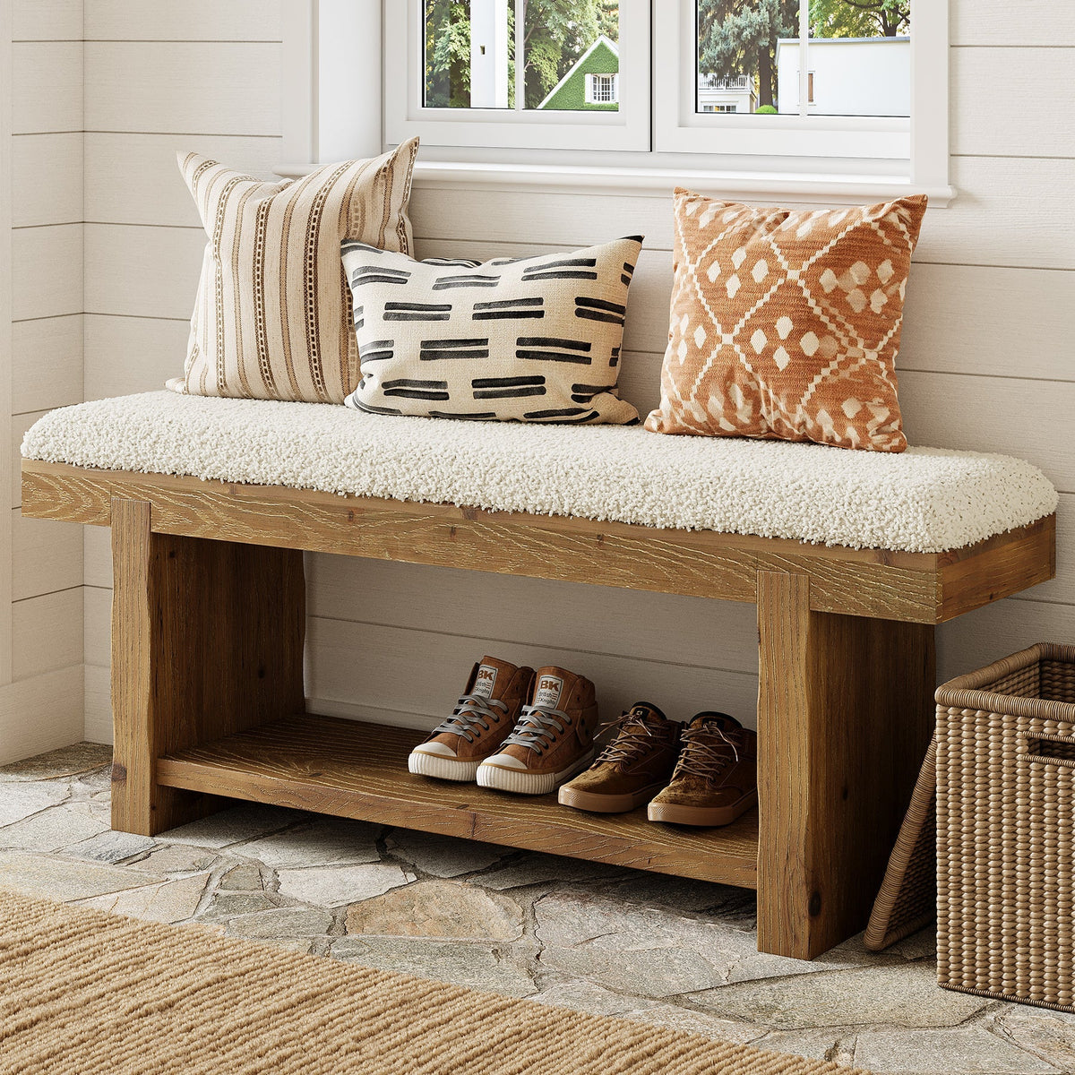 47.2" Solid Wood Entryway Bench, Upholstered Storage for Hallway