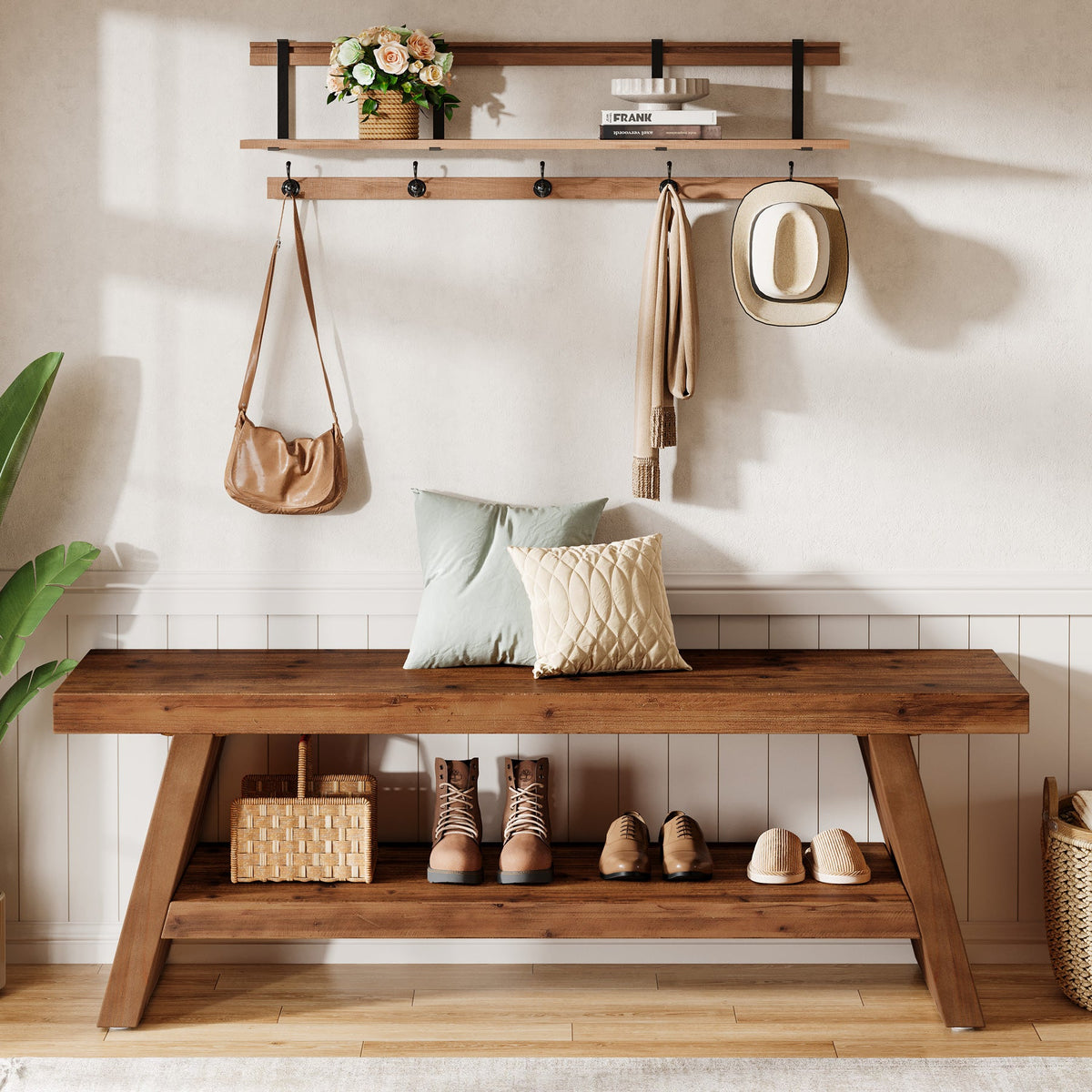 47" Solid Wood Shoe Bench, 2-Tier Entryway Bench with Open Shelves
