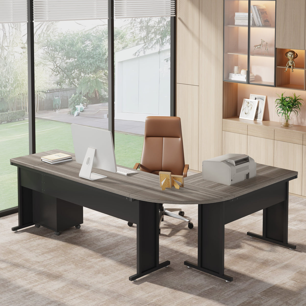 83" L-Shaped Desk, Industrial Corner Executive Desk with Mobile File Cabinet