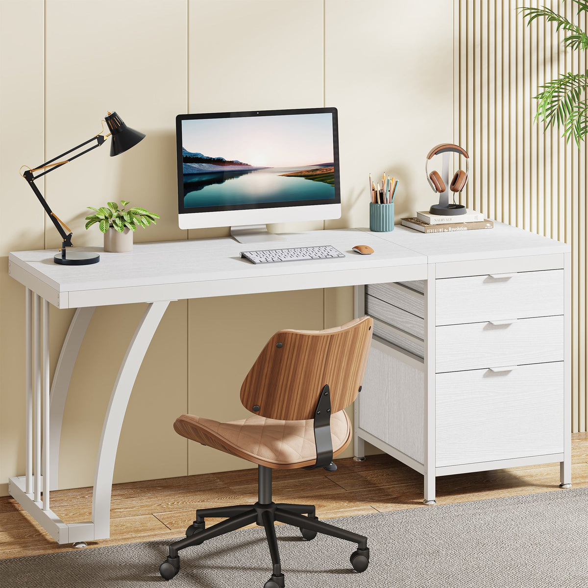 Industrial Computer Desk, 59" Study Desk with Reversible Drawer Cabinet