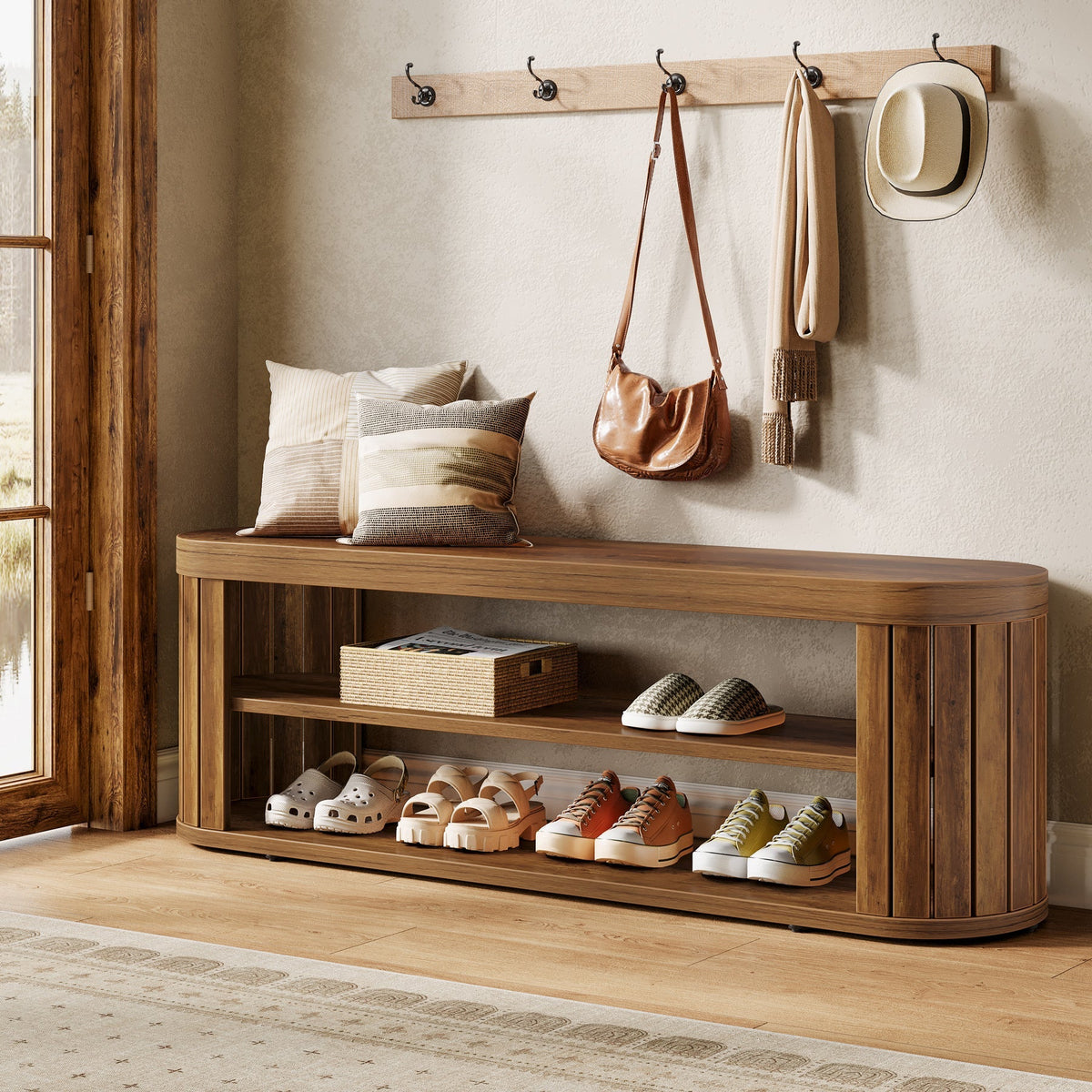 47.2" Entryway Bench, 2-Tier Shoe Bench End of Bed Stool with Storage