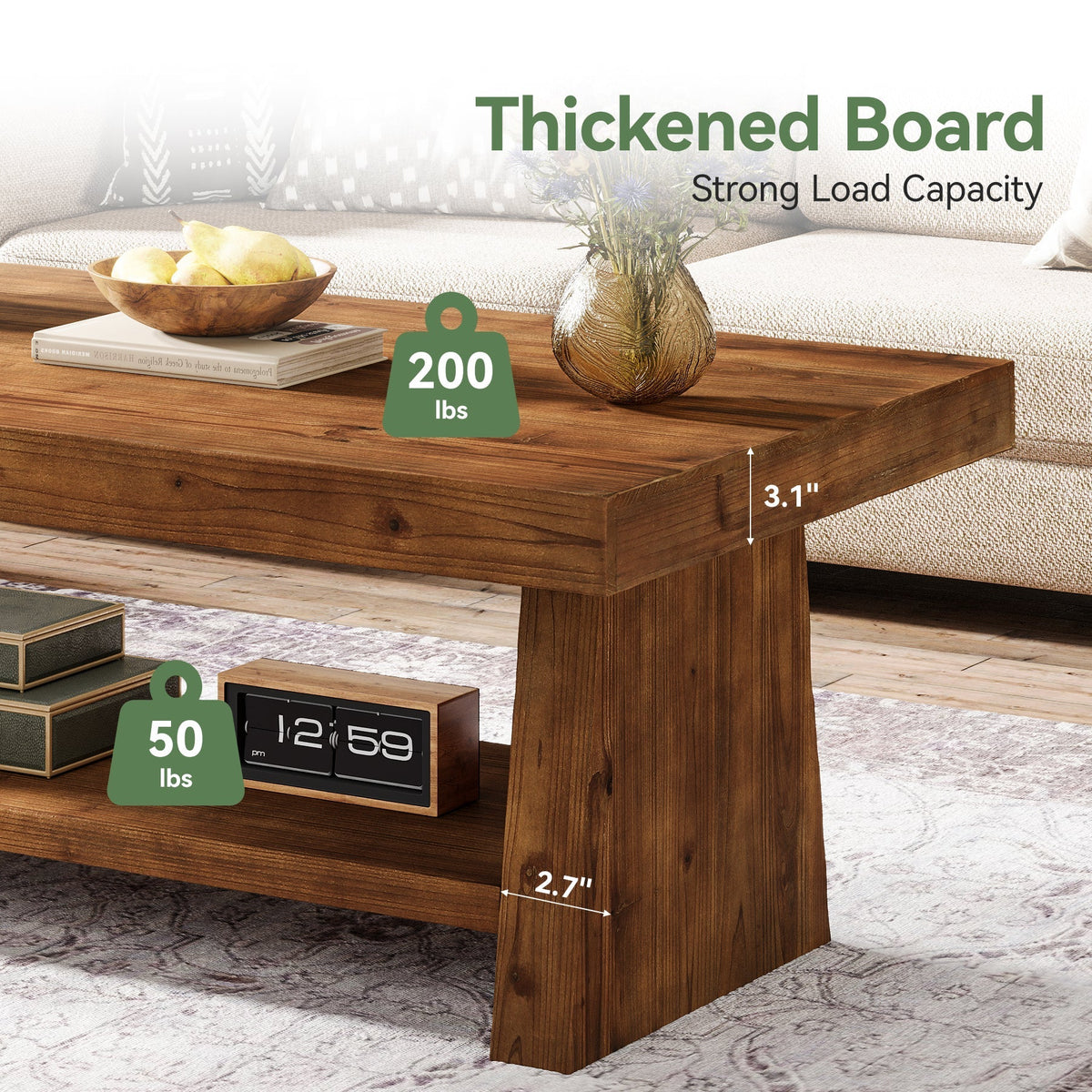 2-Tier Solid Wood Coffee Table, 47" Farmhouse Wood Center Table with Storage