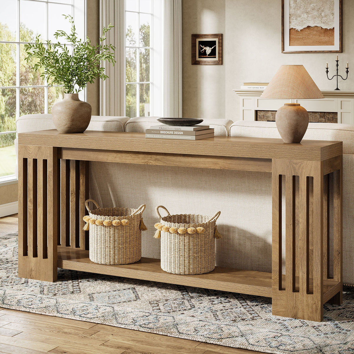 70.9" Console Table, 2-Tier Entryway Sofa Table with Vertical Stripe Legs