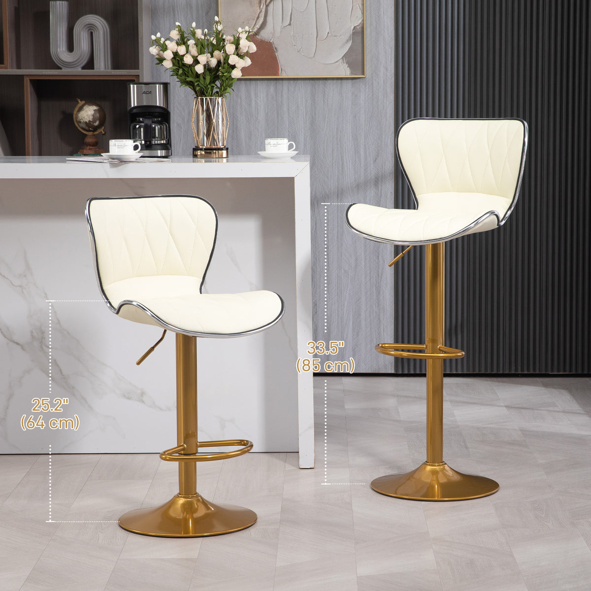 Diamond-Tufted PU Leather Swivel Counter Stools, Gold Base, Set of 2