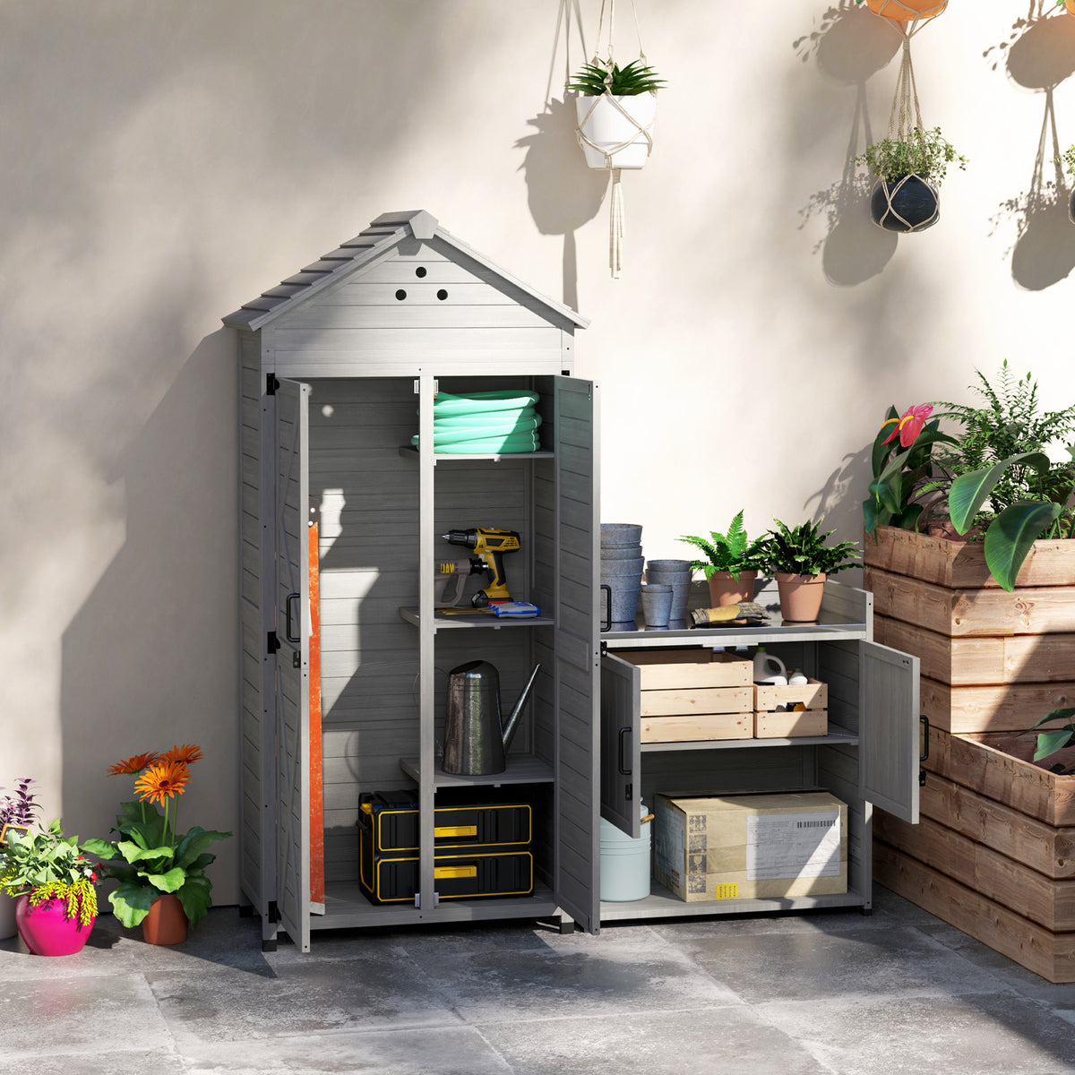 2-in-1 Outdoor Storage Cabinet, Wood Garden Shed with Shelves, Vent Holes, Foot Caps for Backyard, Patio, Lawn