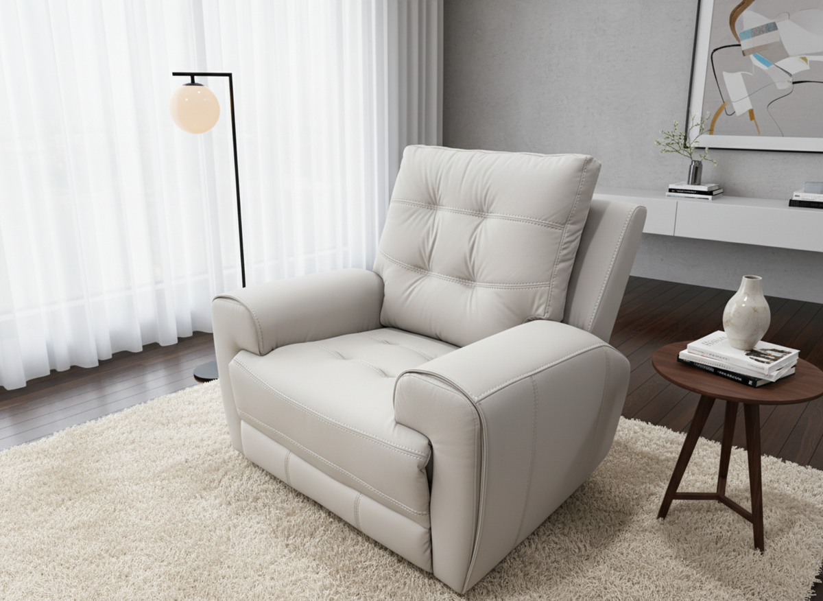 Tufted Leather Power Recliner Sofa – Taupe