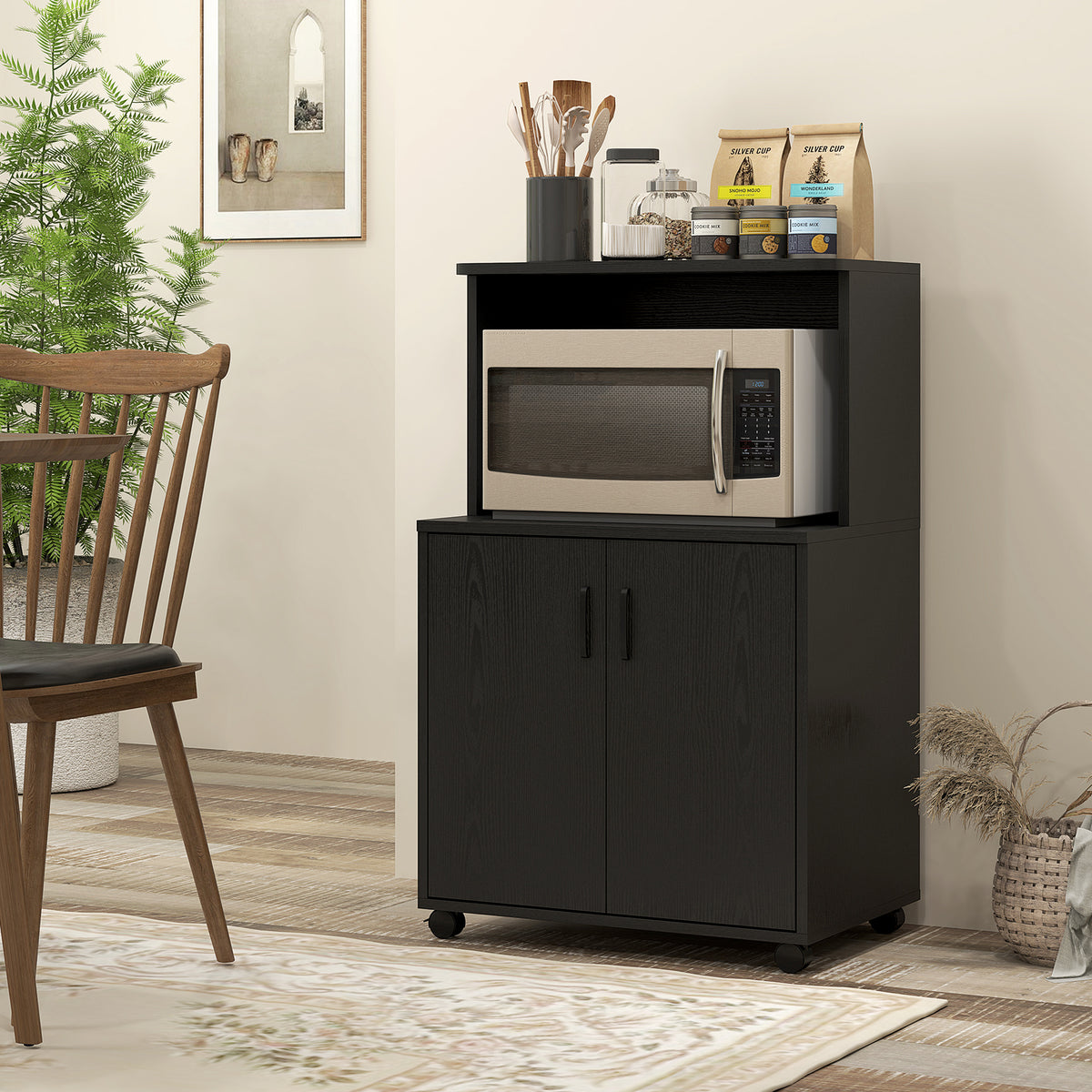 Microwave Cart with 2-Door Cabinet, Black Wood Grain