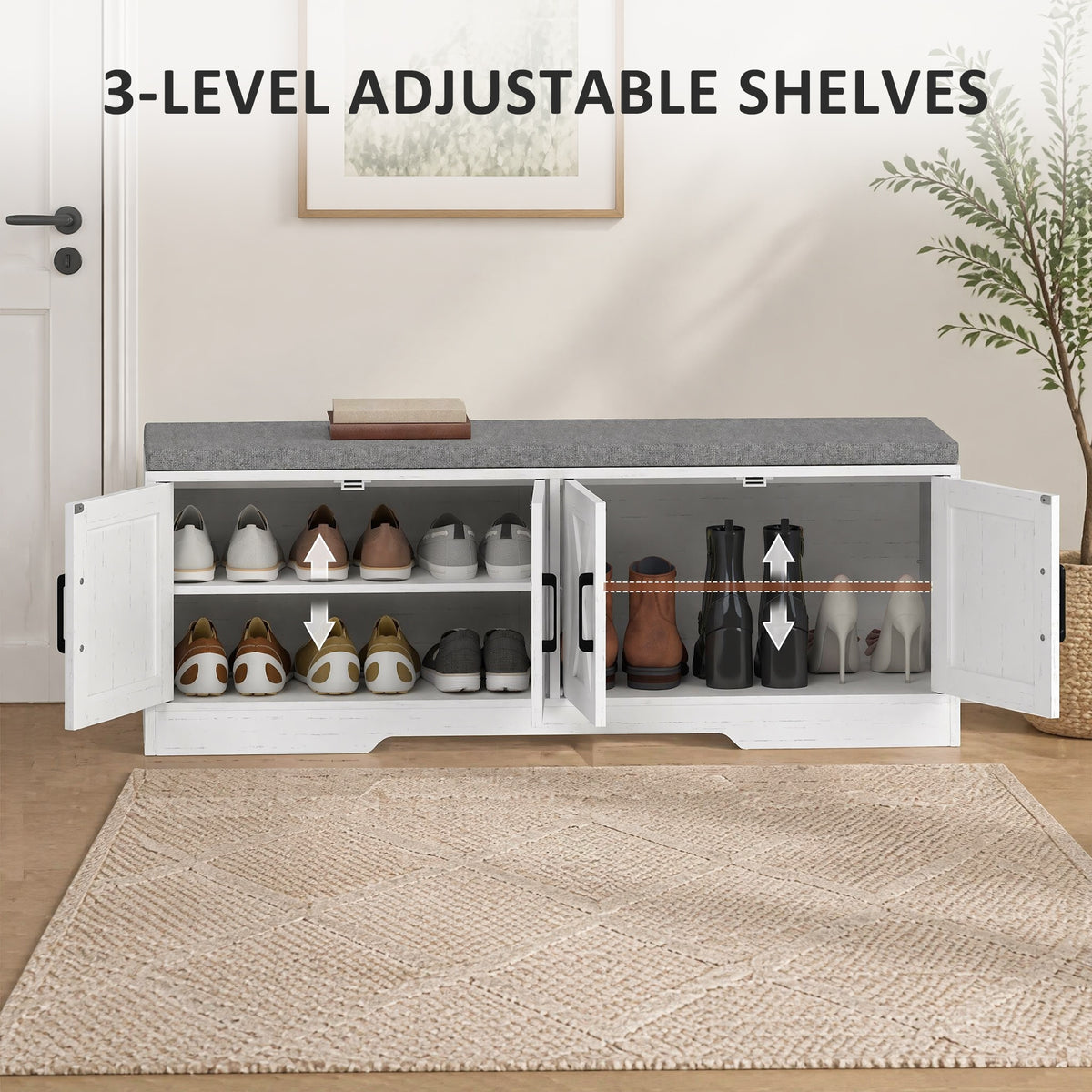 Shoe Storage Bench with Cushion and Doors – 47"W x 18"H